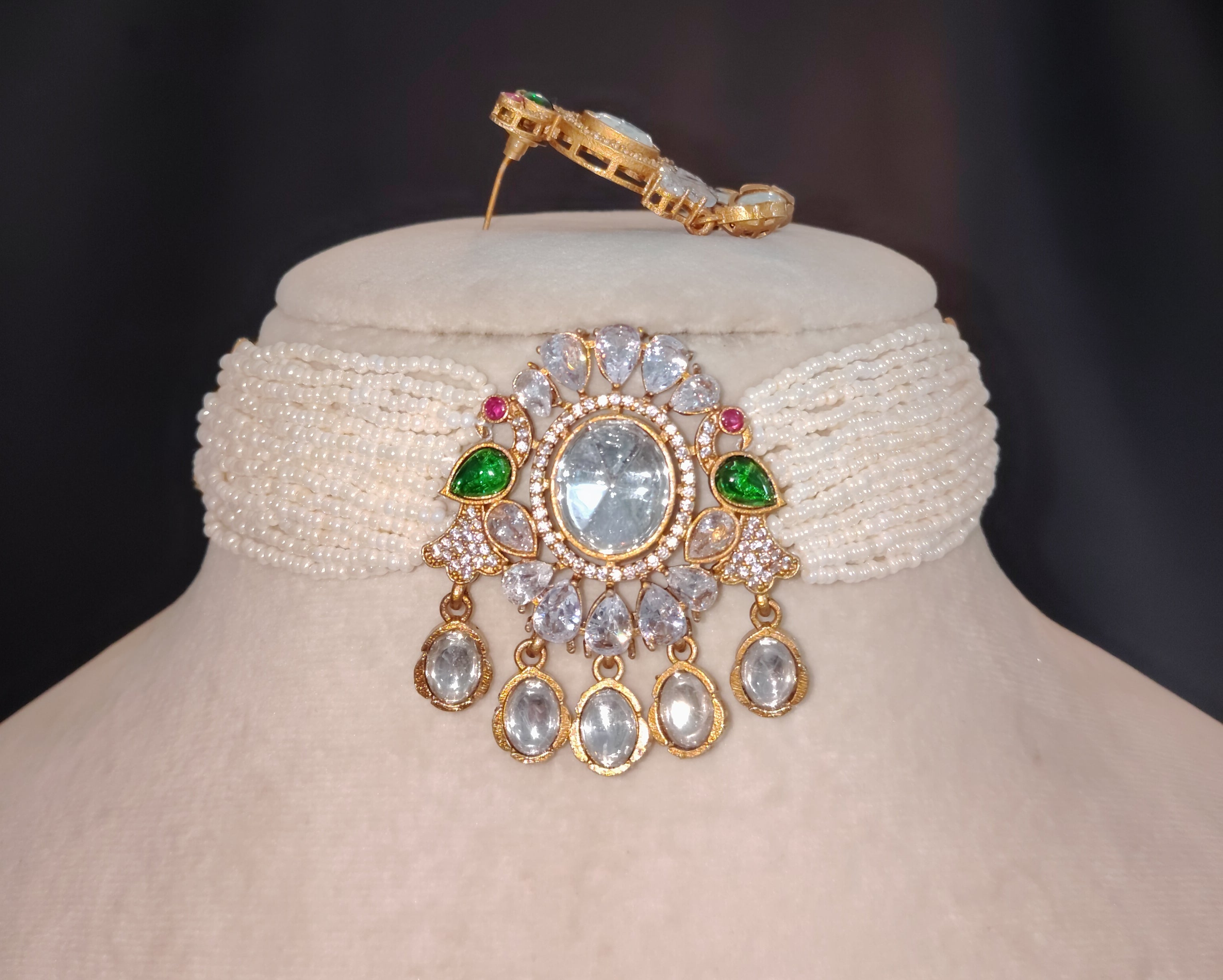 Maha Classic White Kundan Pearl Bridal Choker Necklace Set Roz Jewellers.