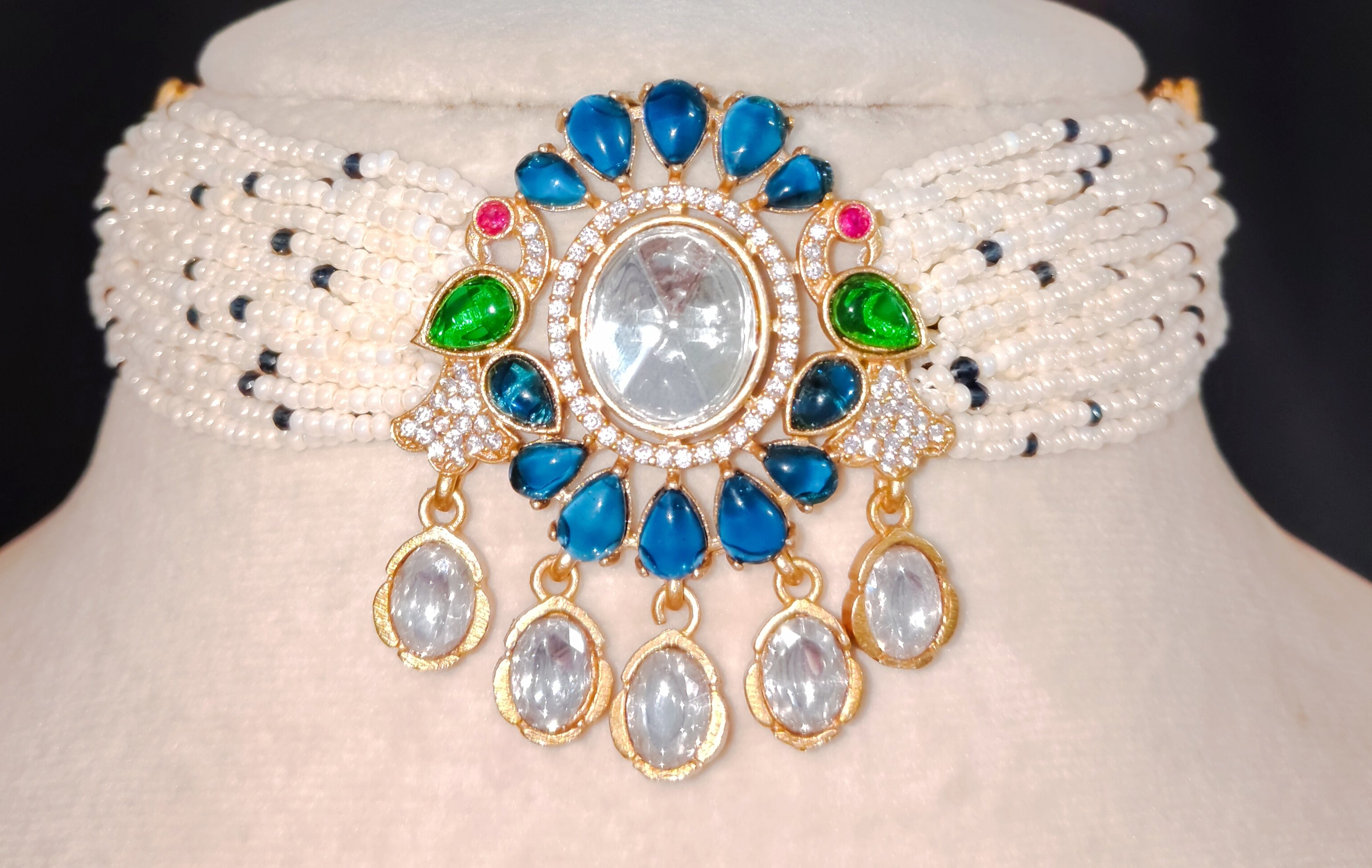 Alaira Blue Cubic Zirconia Kundan Pearl Designer Choker Roz Jewellers.