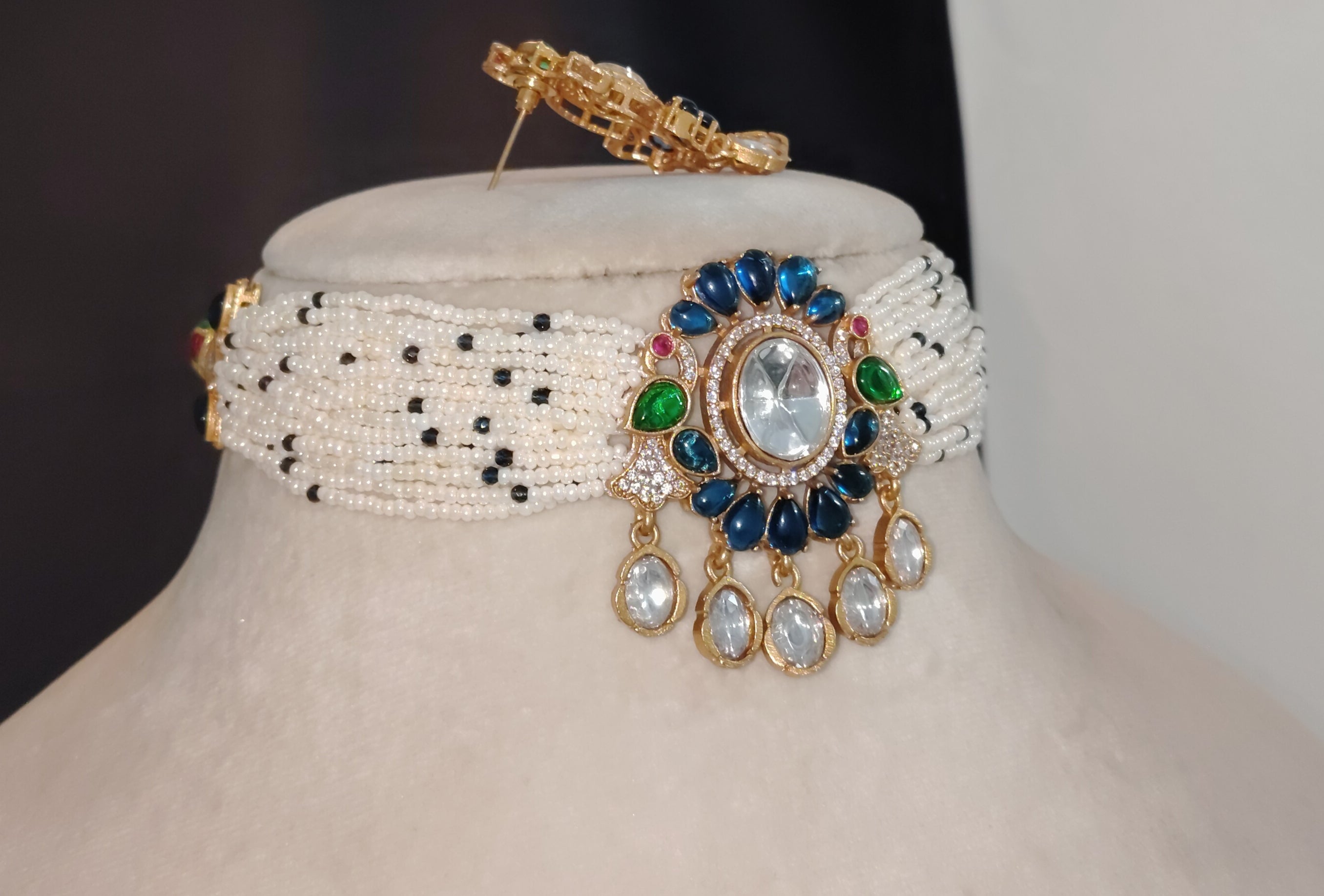 Alaira Blue Cubic Zirconia Kundan Pearl Designer Choker Roz Jewellers.