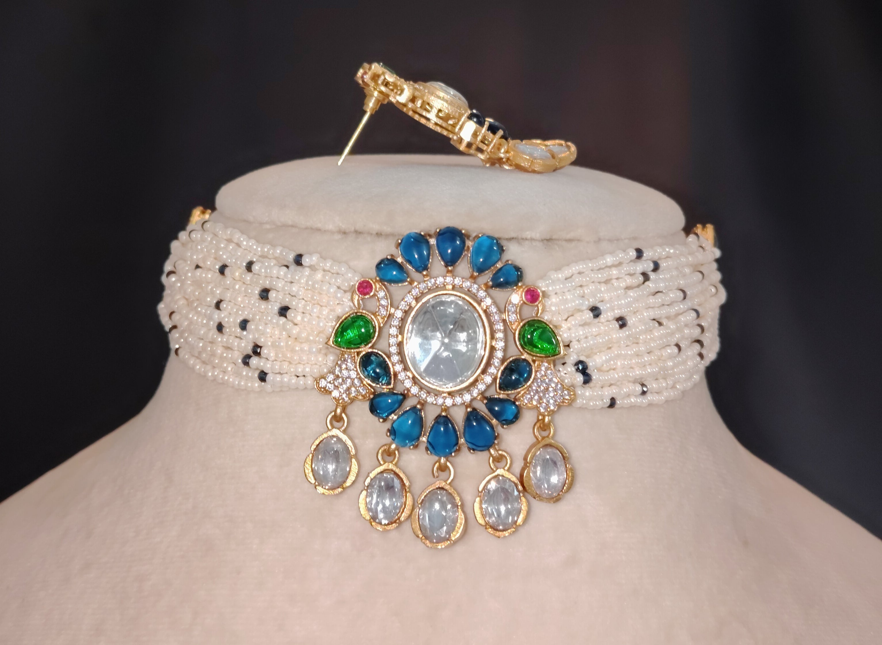 Alaira Blue Cubic Zirconia Kundan Pearl Designer Choker Roz Jewellers.