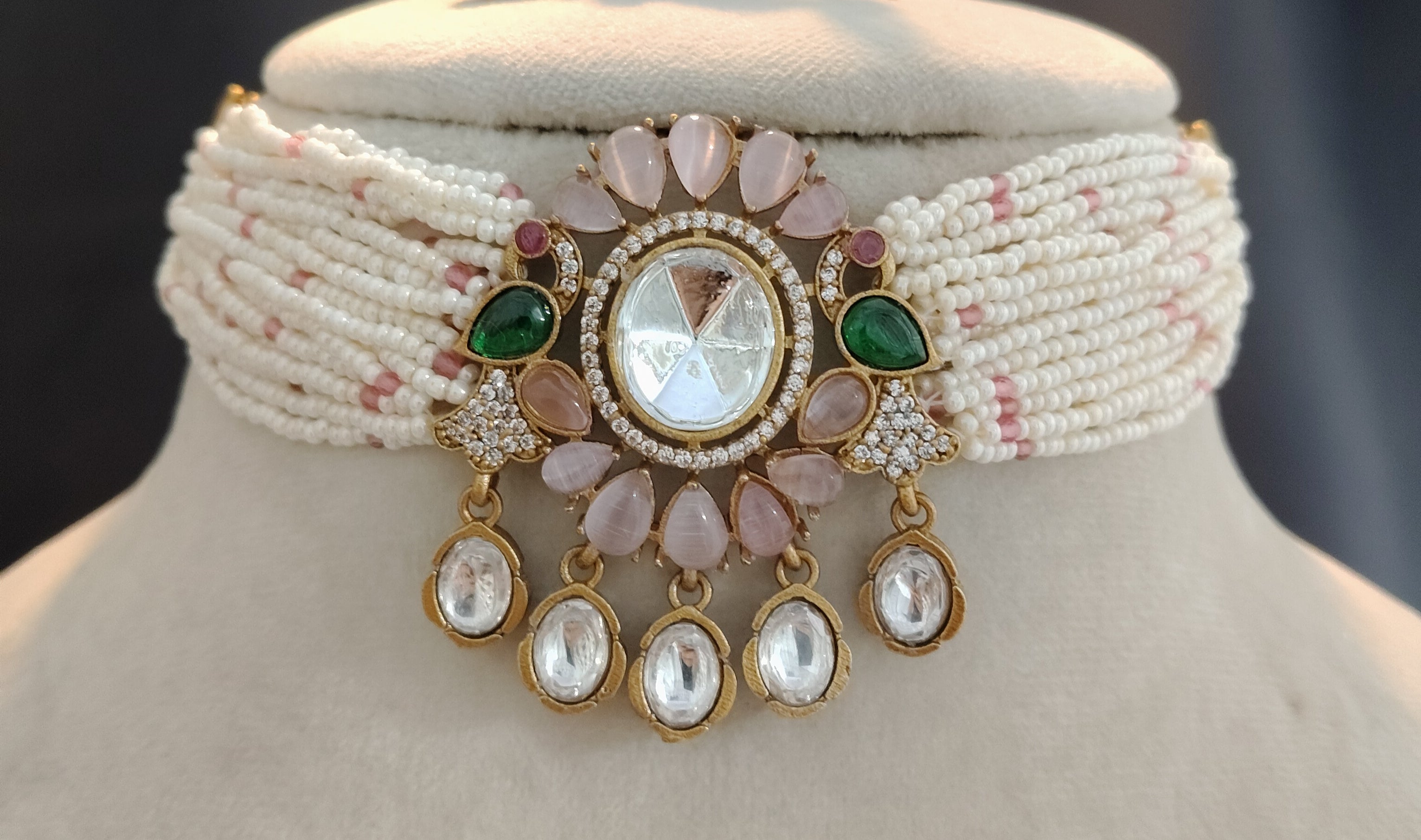 Naisha Royal Blush Pink Pearl Kundan Floral Choker Necklace Set Roz Jewellers.