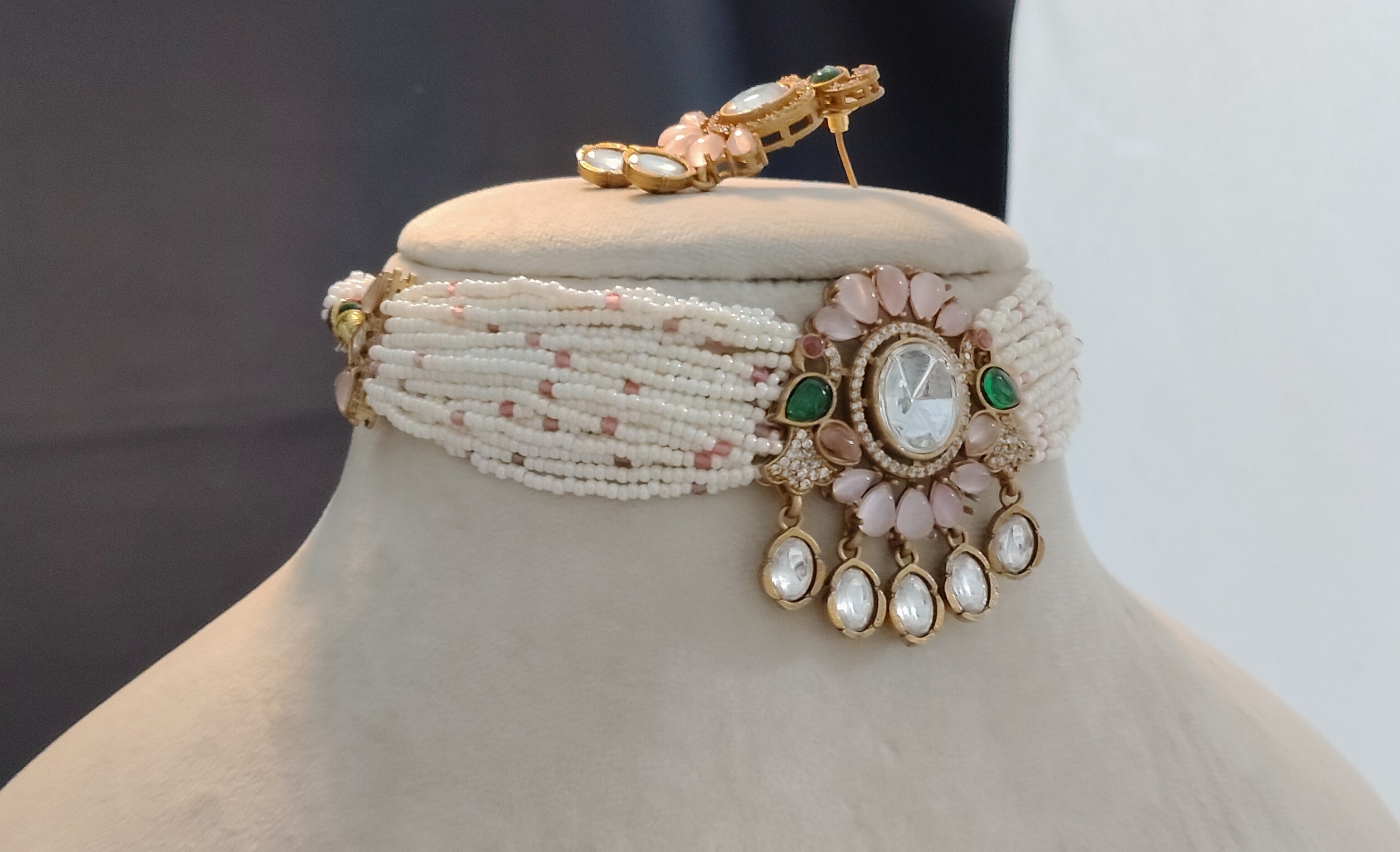 Naisha Royal Blush Pink Pearl Kundan Floral Choker Necklace Set Roz Jewellers.