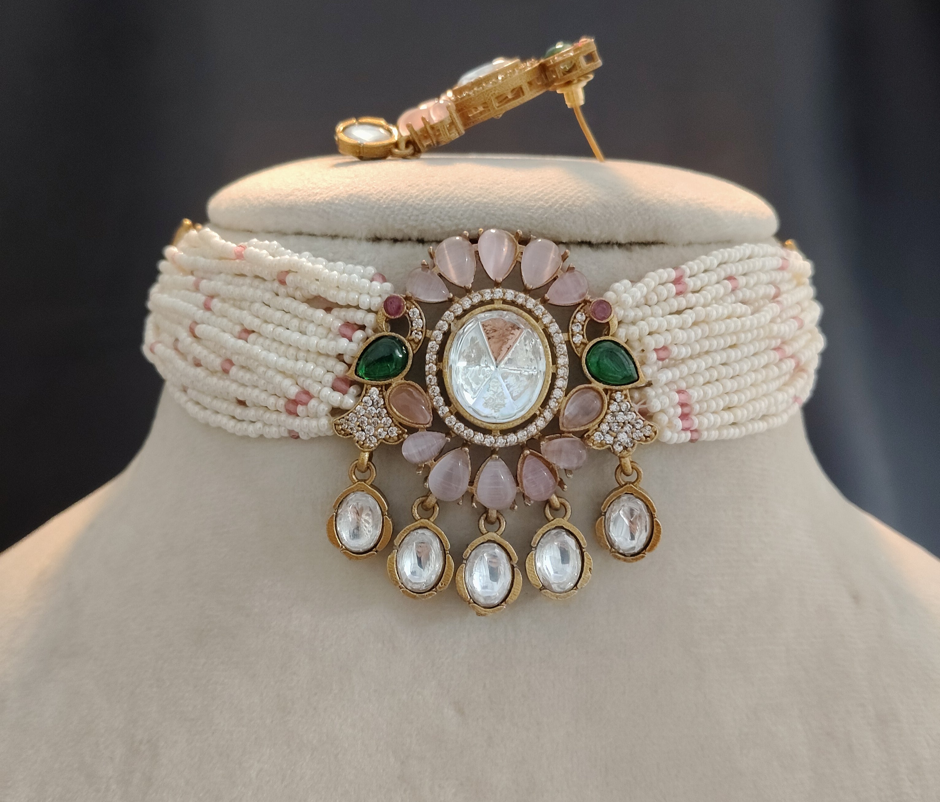 Naisha Royal Blush Pink Pearl Kundan Floral Choker Necklace Set Roz Jewellers.