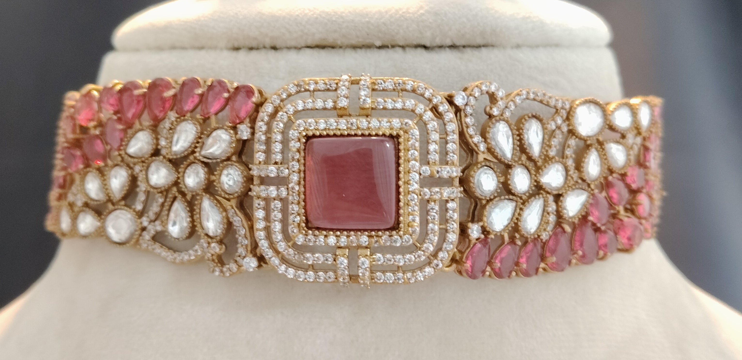 Hiba Rose Blush Art Deco Kundan Choker Set with Matching Earrings Roz Jewellers.