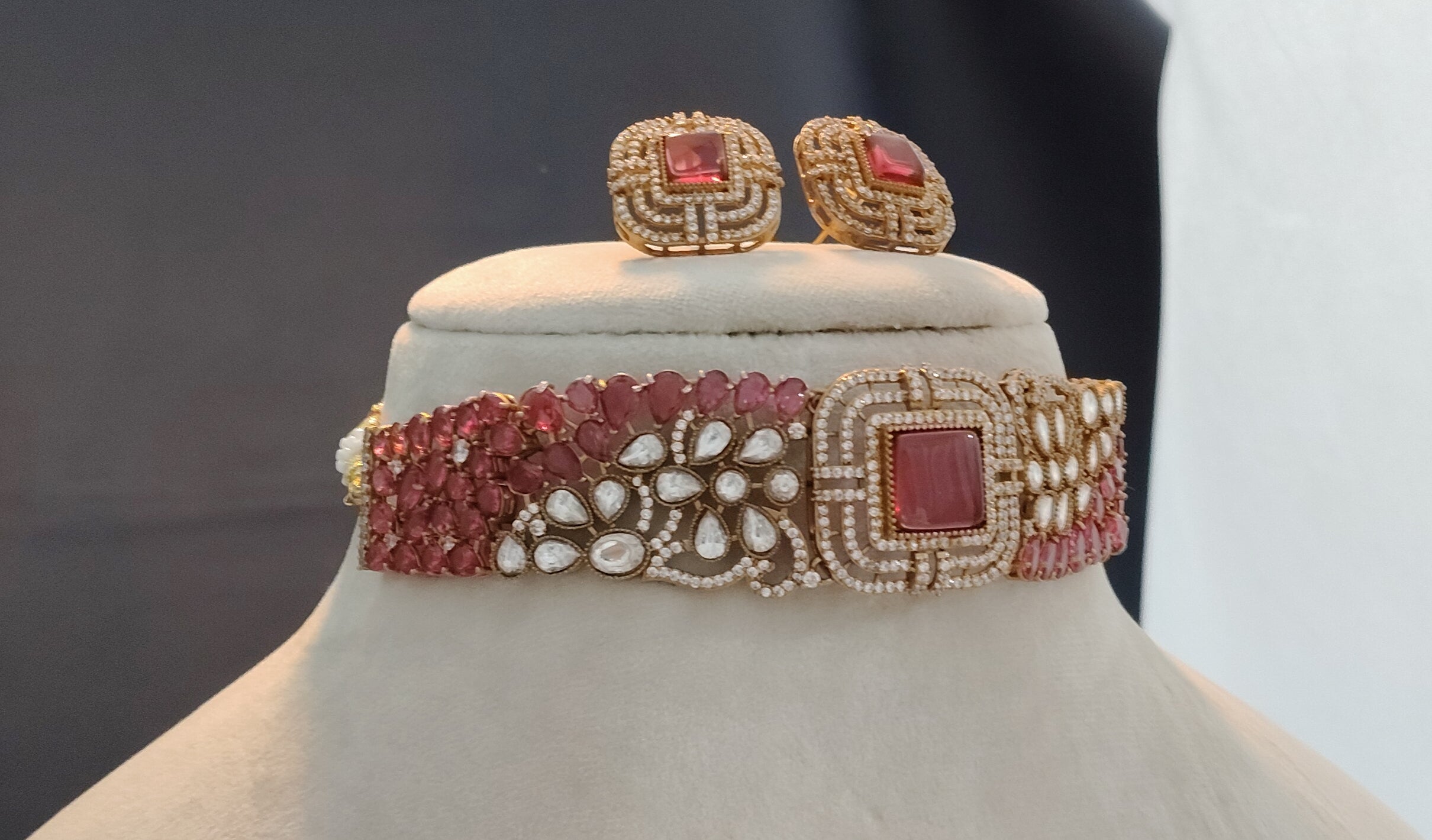 Hiba Rose Blush Art Deco Kundan Choker Set with Matching Earrings Roz Jewellers.