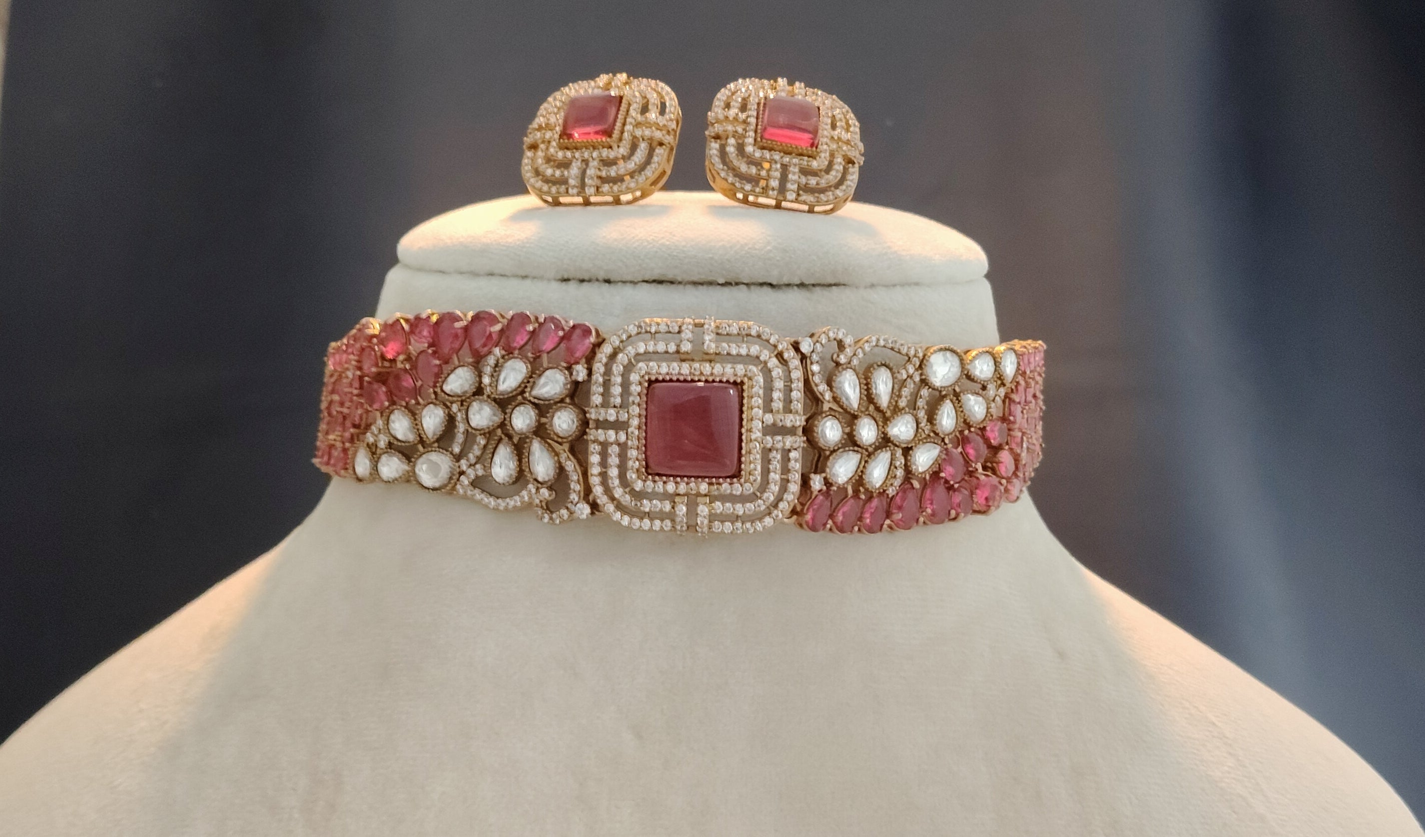 Hiba Rose Blush Art Deco Kundan Choker Set with Matching Earrings Roz Jewellers.