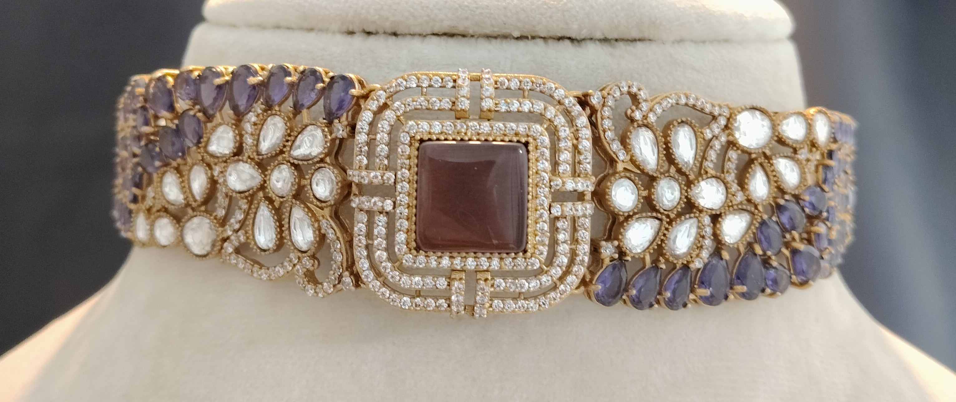 Afiya Purple Kundan With CZ stones Statement Choker Set Roz Jewellers