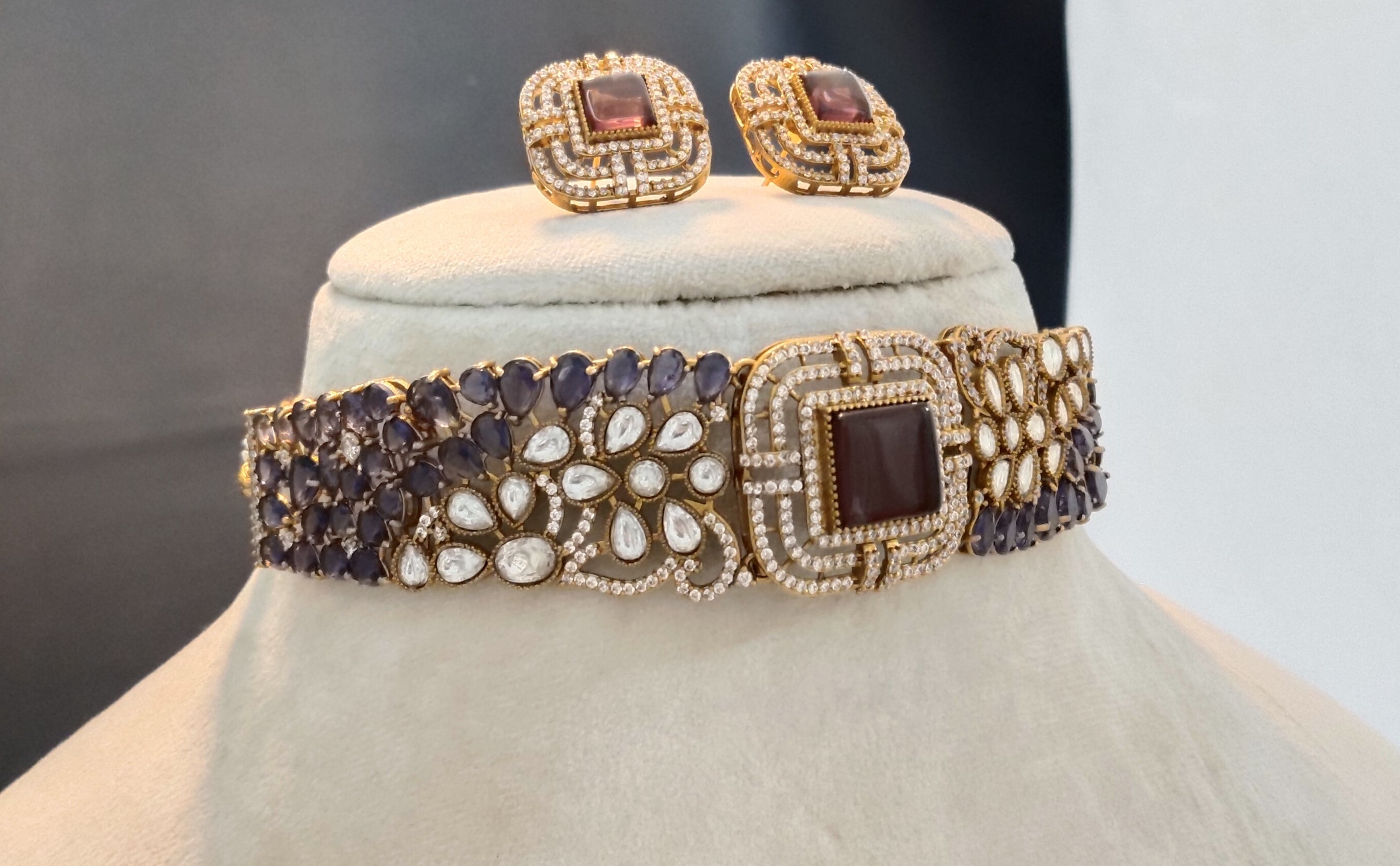 Afiya Purple Kundan With CZ stones Statement Choker Set Roz Jewellers