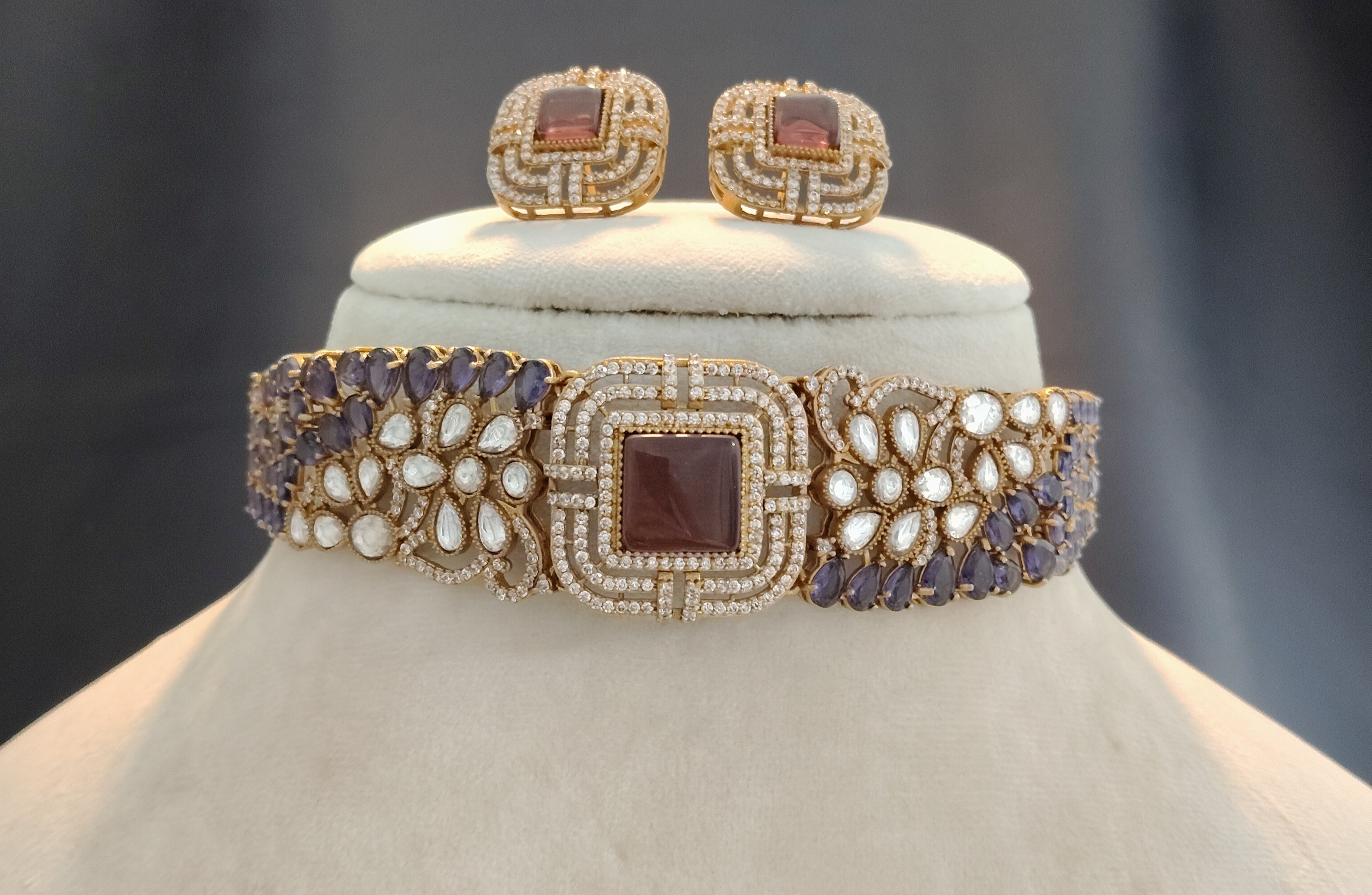 Afiya Purple Kundan With CZ stones Statement Choker Set Roz Jewellers