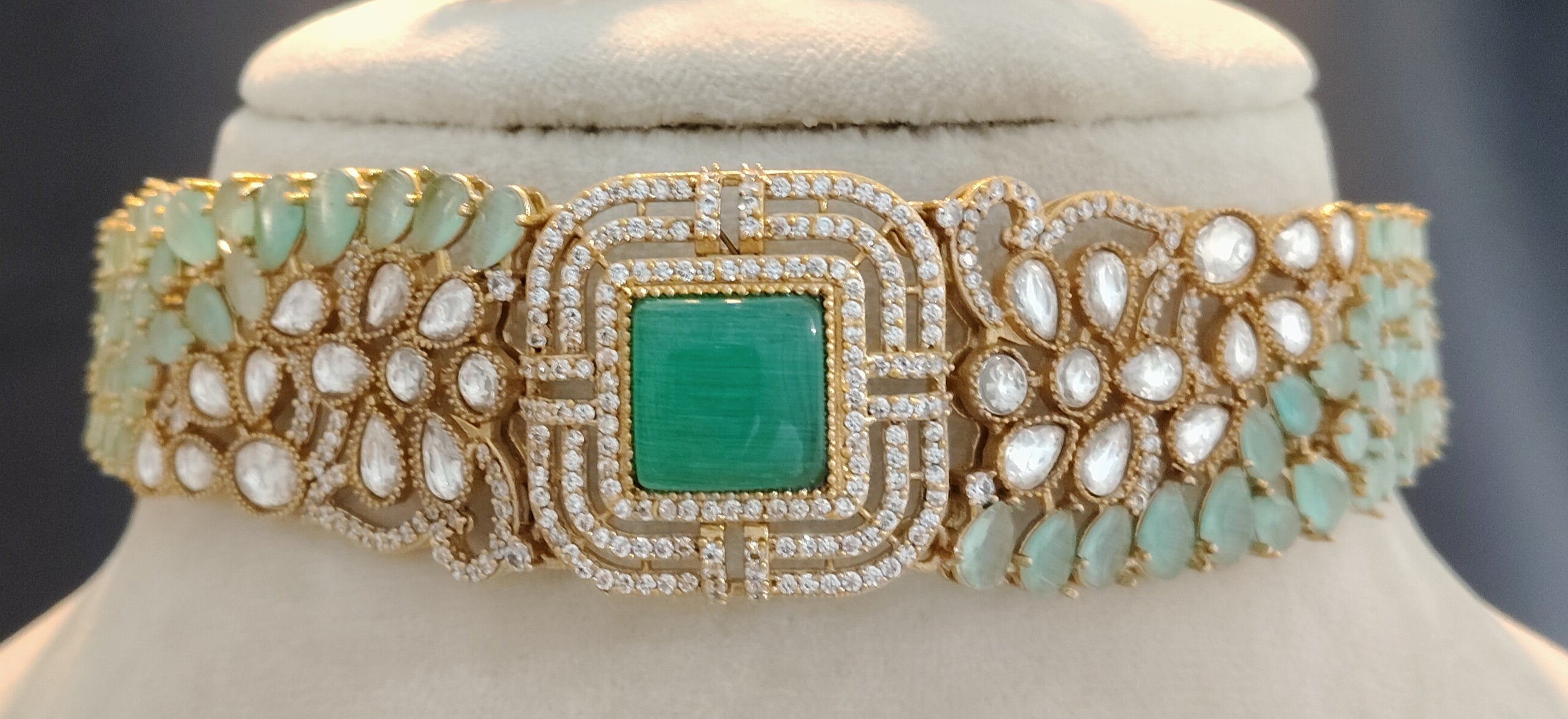 Rimsha Emerald Mint Heritage Choker Set with Matching Earrings Roz Jewellers.