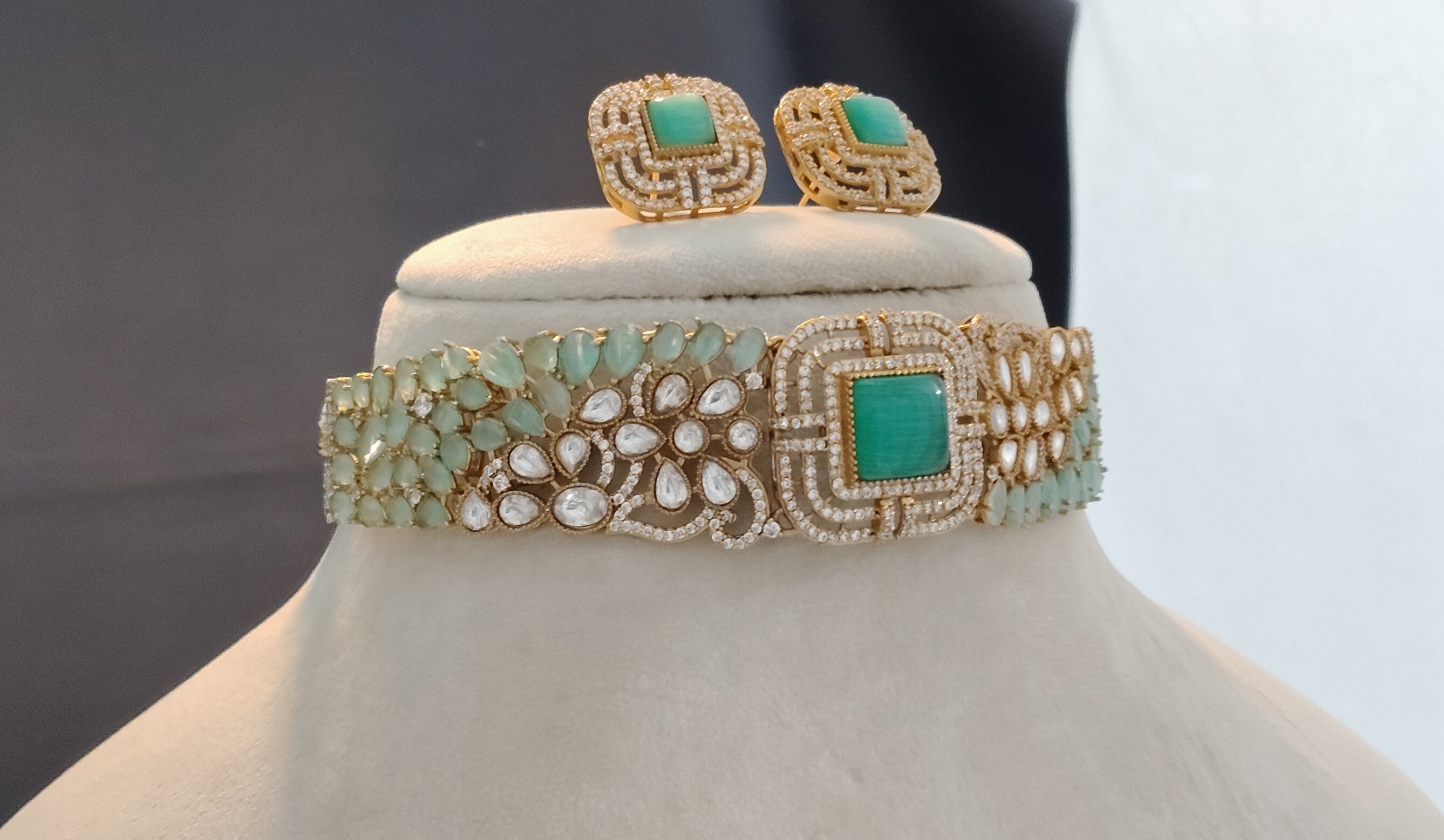 Rimsha Emerald Mint Heritage Choker Set with Matching Earrings Roz Jewellers.