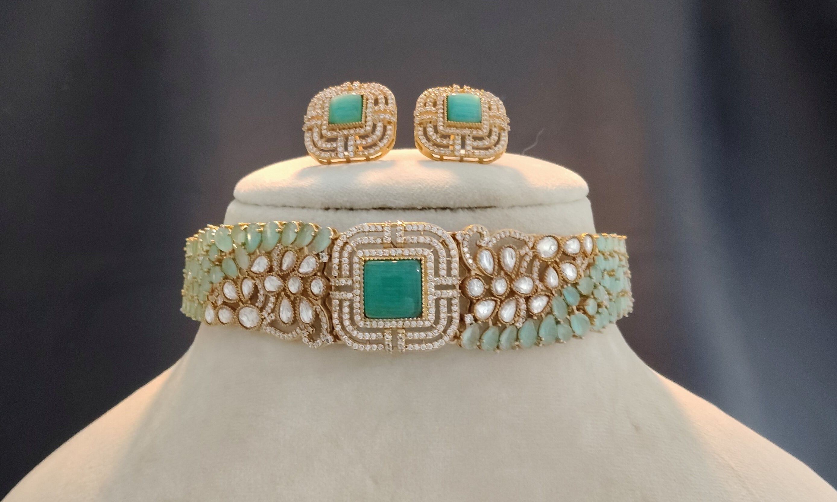 Rimsha Emerald Mint Heritage Choker Set with Matching Earrings Roz Jewellers.