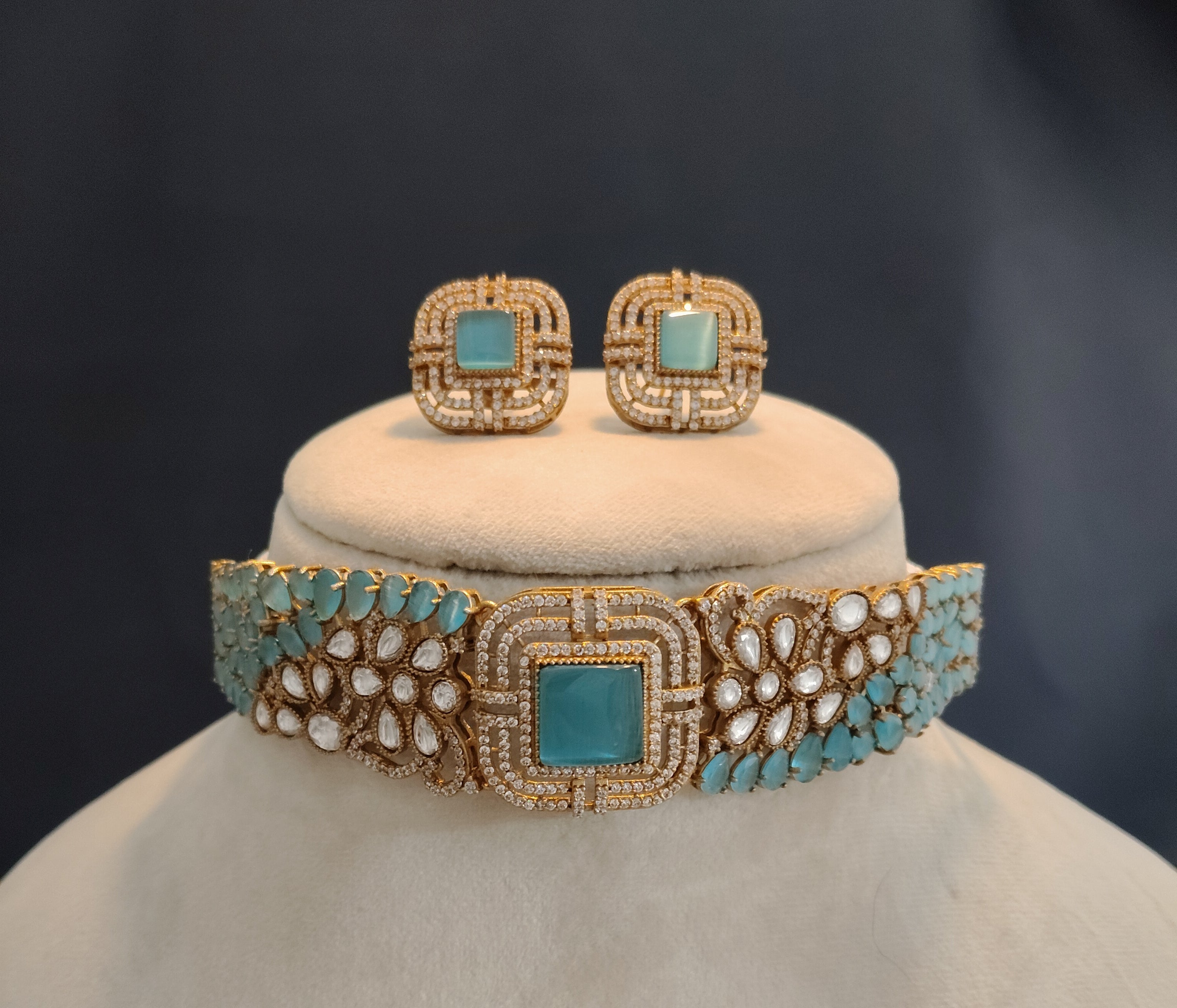 Nida Modest Aqua Blue Kundan Choker Set with Earrings Roz Jewellers