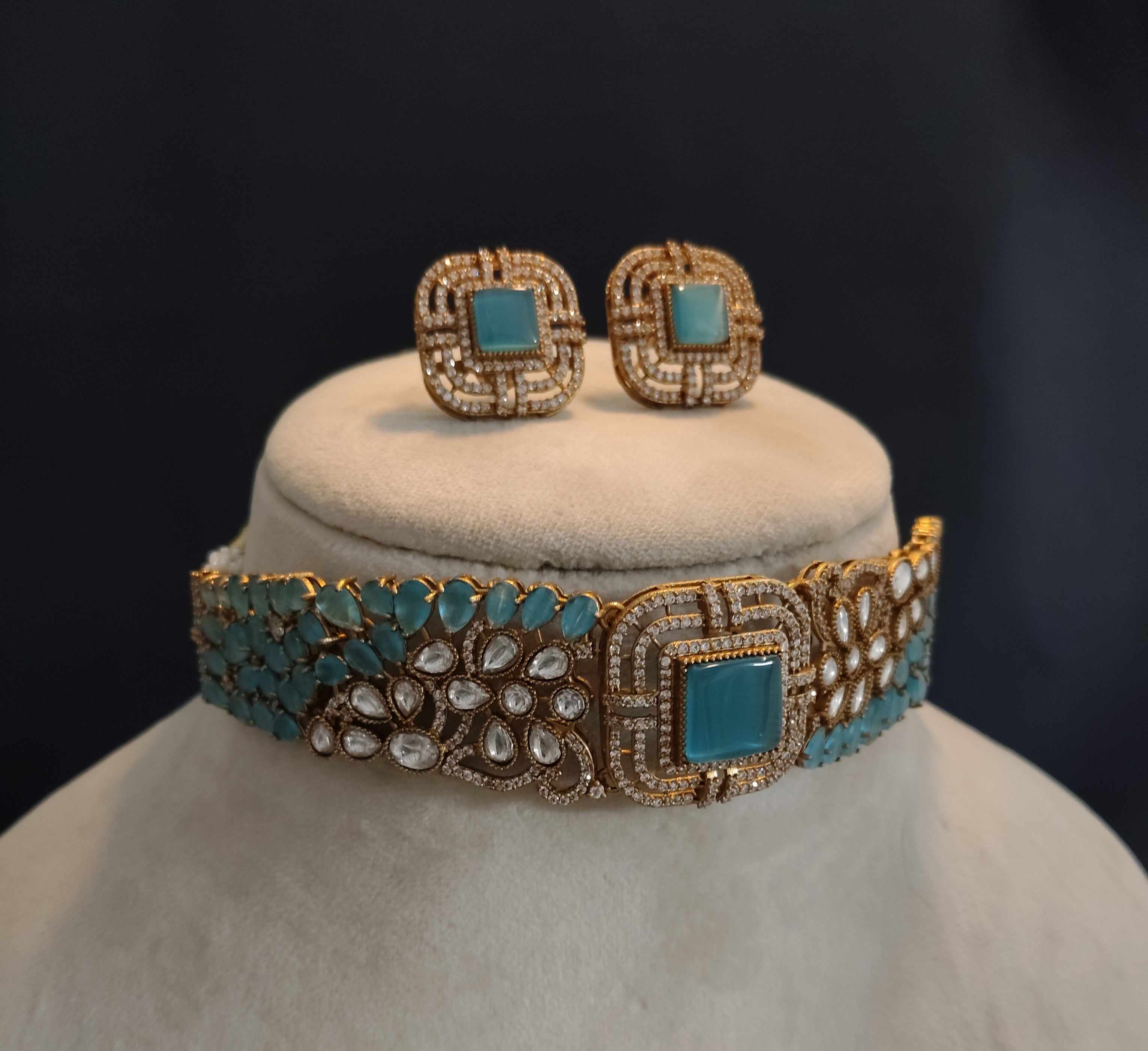Nida Modest Aqua Blue Kundan Choker Set with Earrings Roz Jewellers