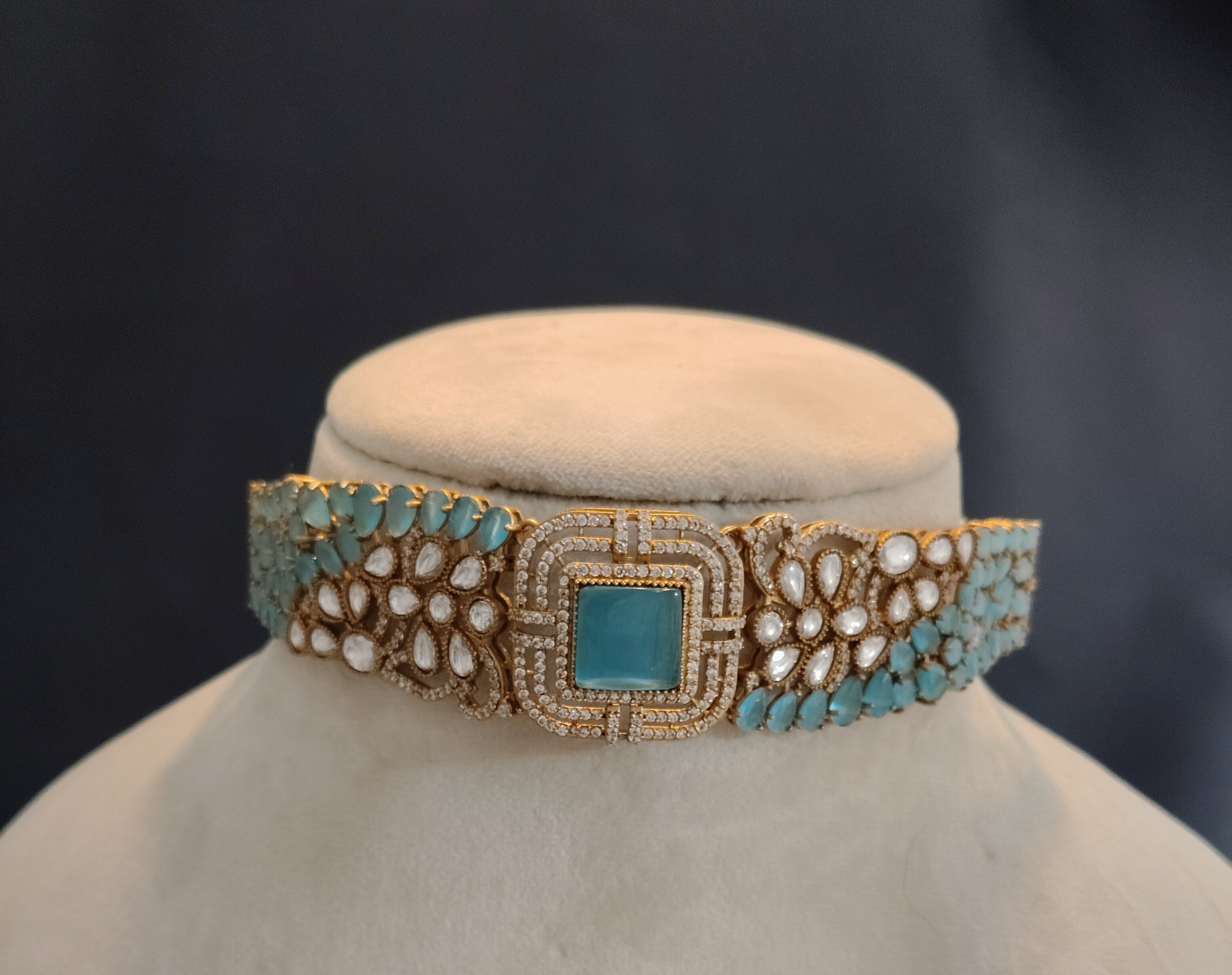 Nida Modest Aqua Blue Kundan Choker Set with Earrings Roz Jewellers