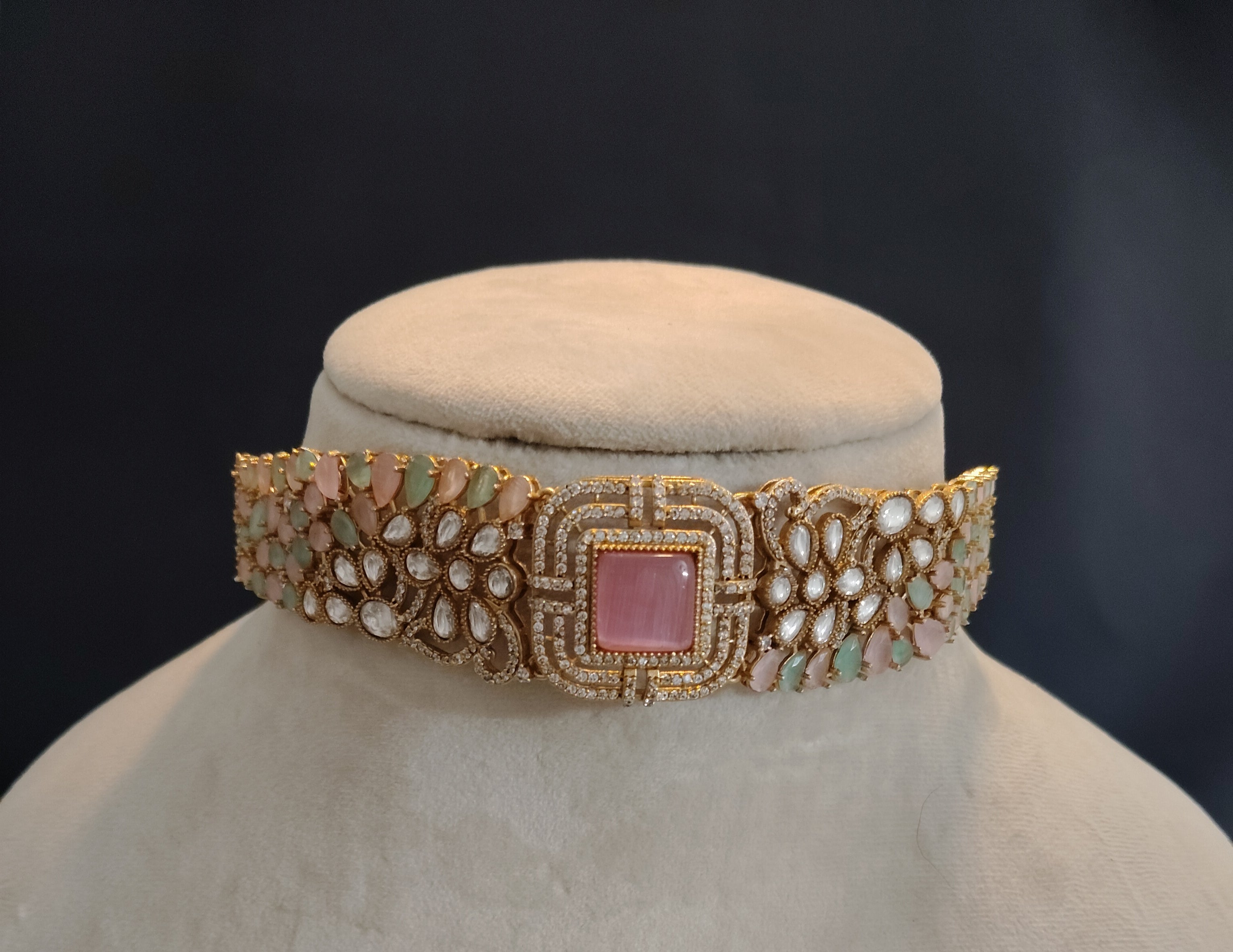 Khadija Indian Wedding Blush Pink and Mint Green Choker Set Roz Jewellers.