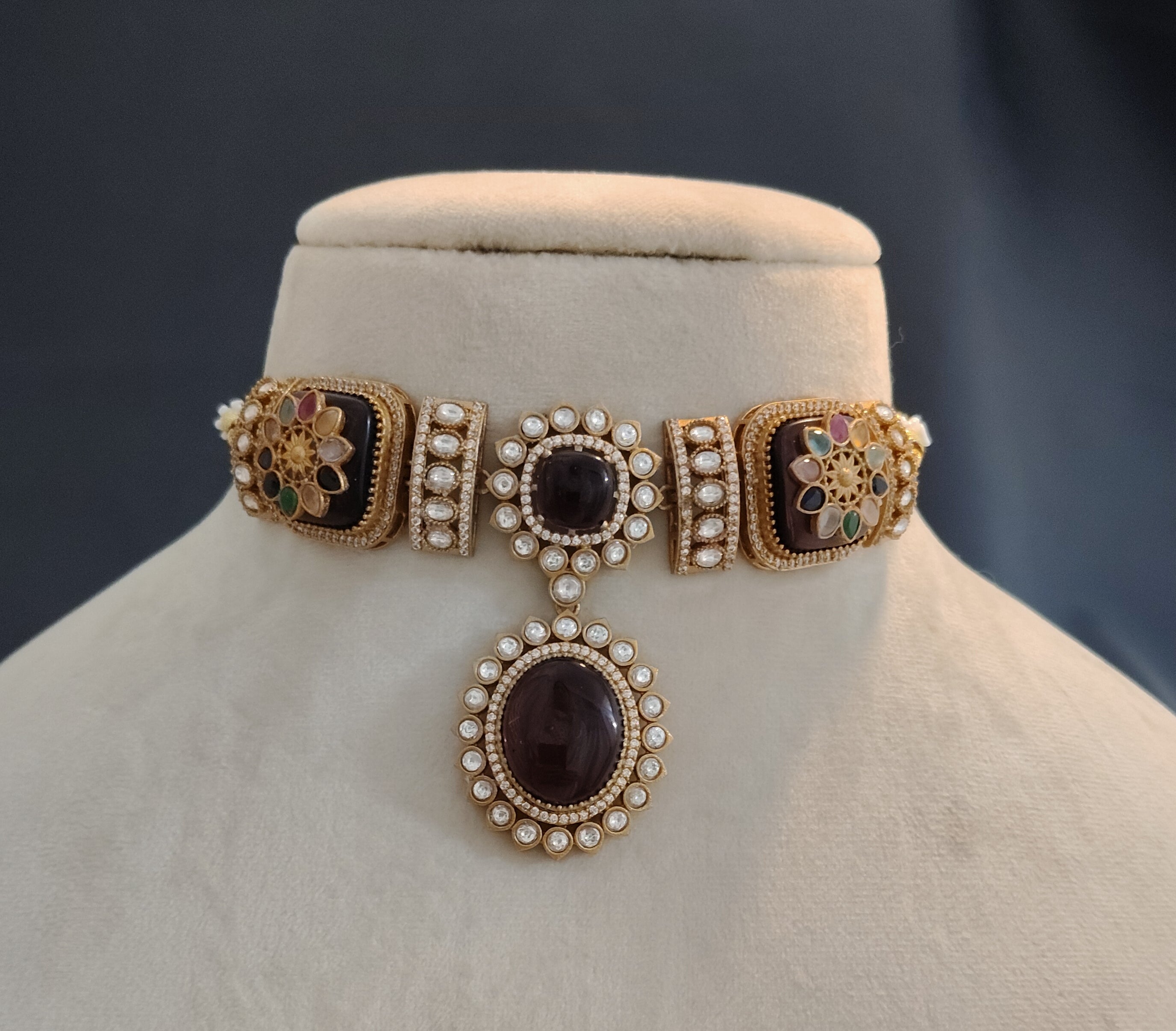 Jannat Purple Multicolour Inspired Wedding Reception Choker Set Roz Jewellers