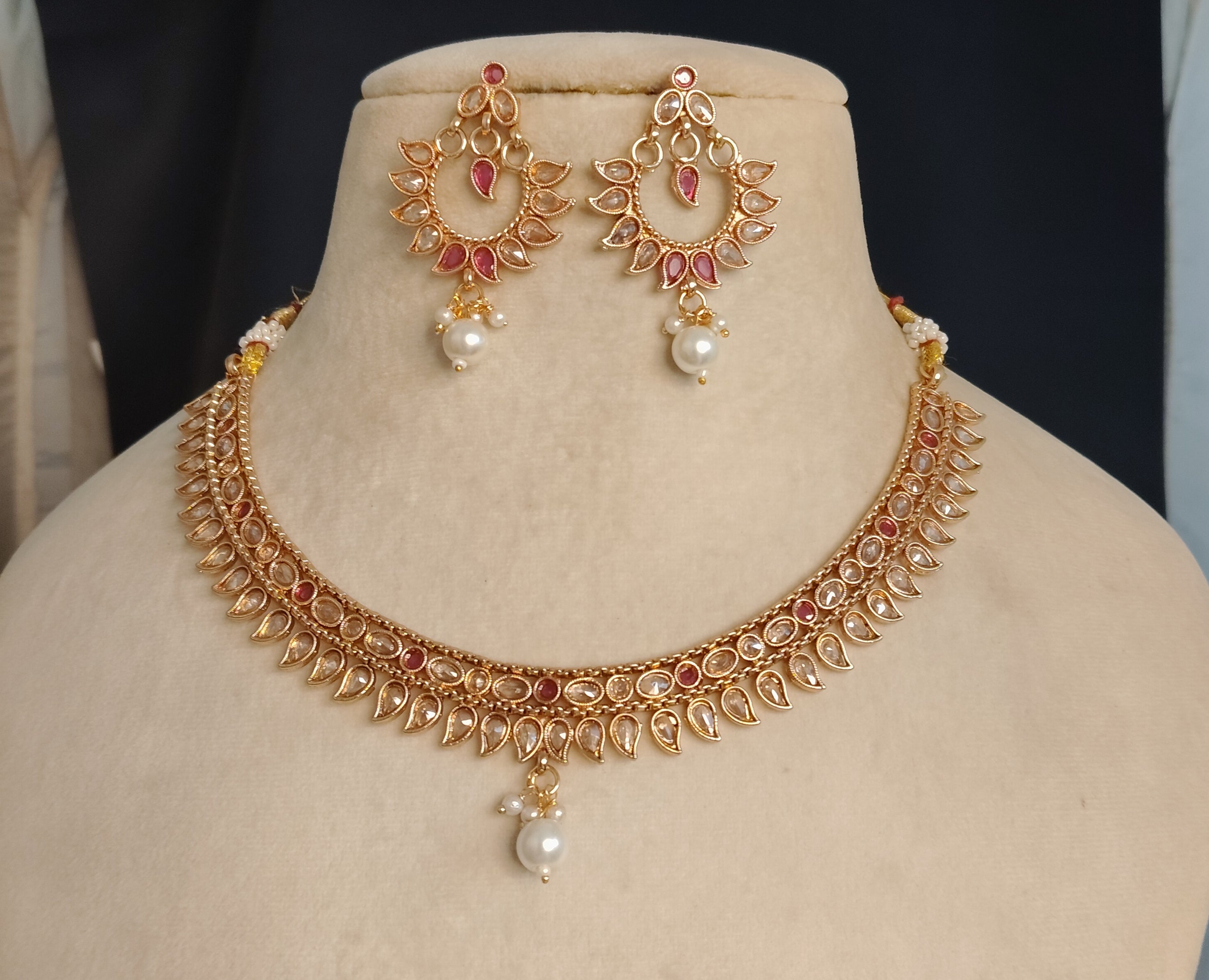 Amina Indian Pakistani Polki Bridal Jewelry Set Wedding Necklace Earrings for Women Gold Plated