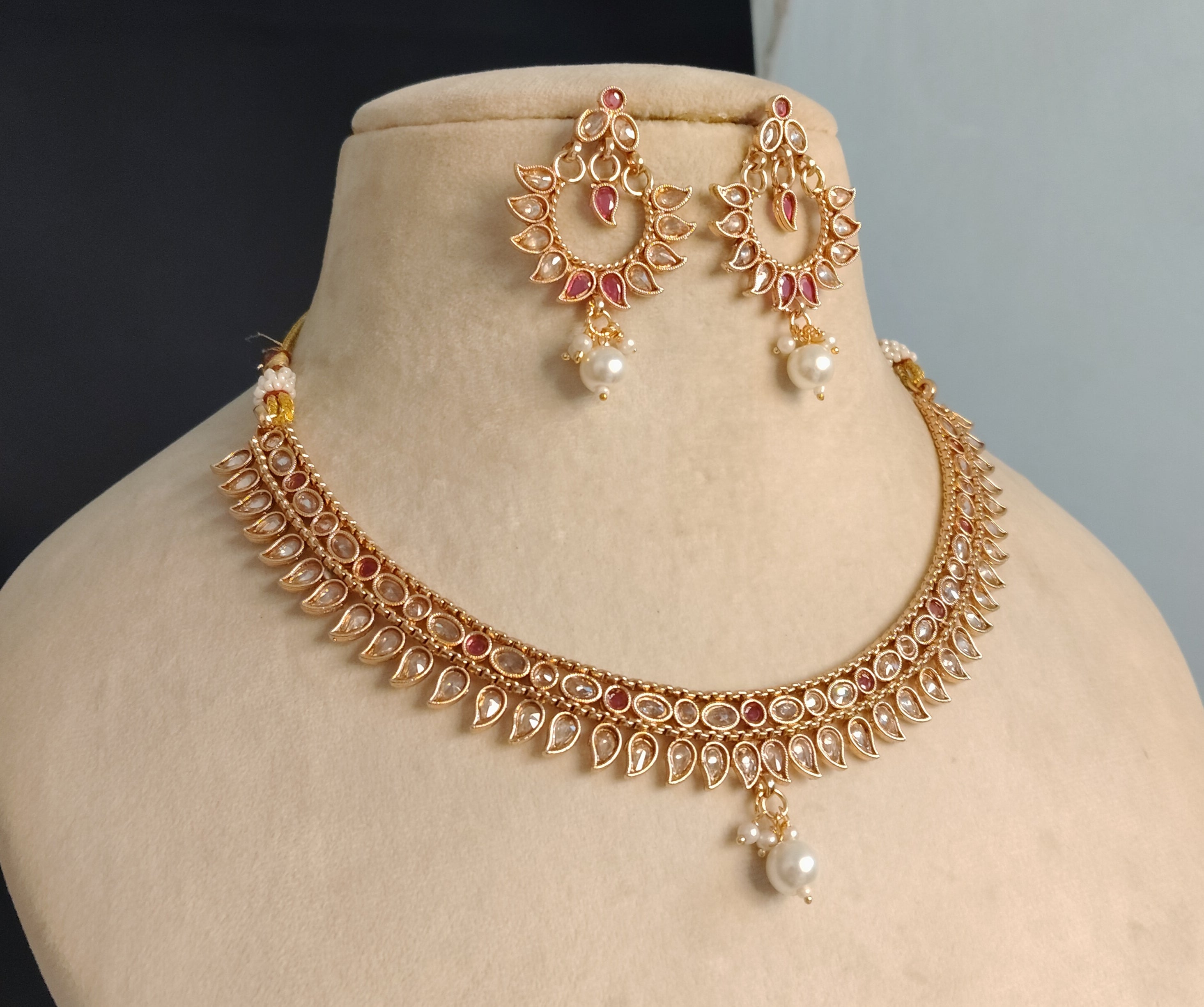 Amina Indian Pakistani Polki Bridal Jewelry Set Wedding Necklace Earrings for Women Gold Plated