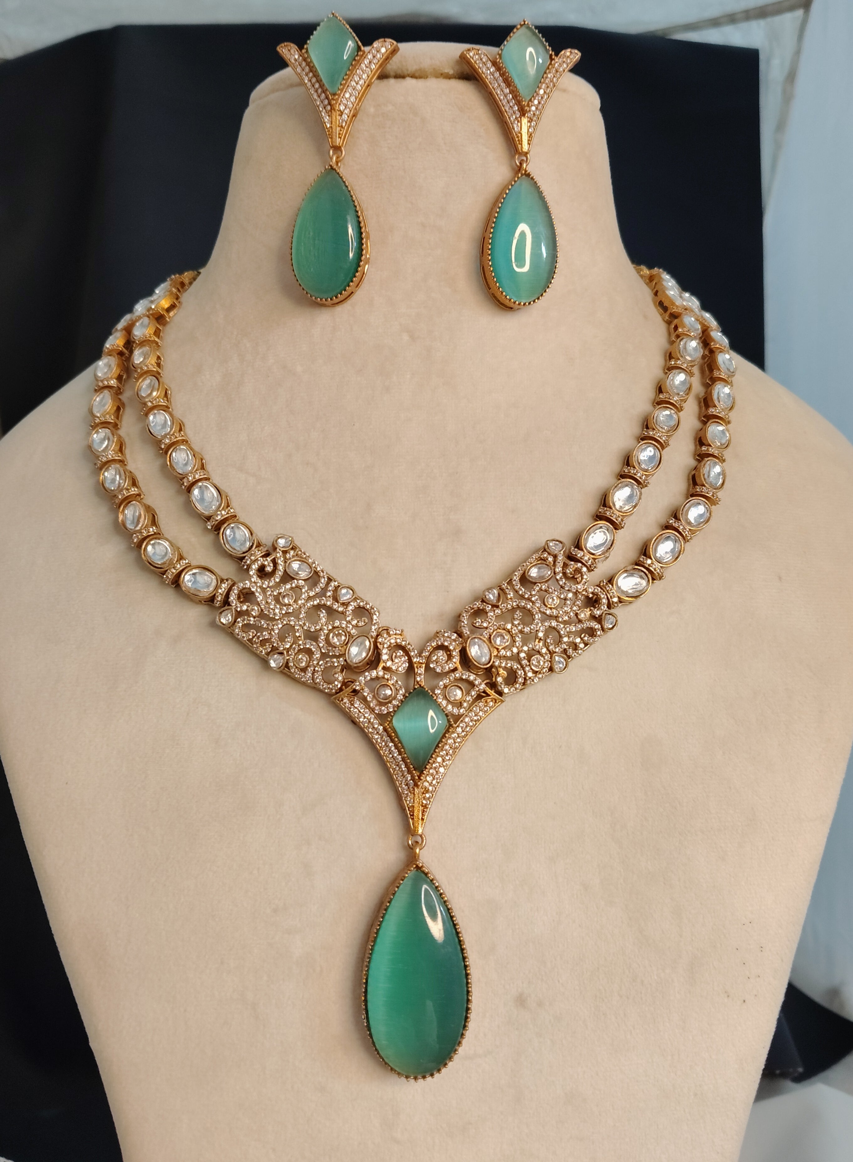 Eshal Handcrafted Mint Green Kundan Necklace with Teardrop Roz Jewellers