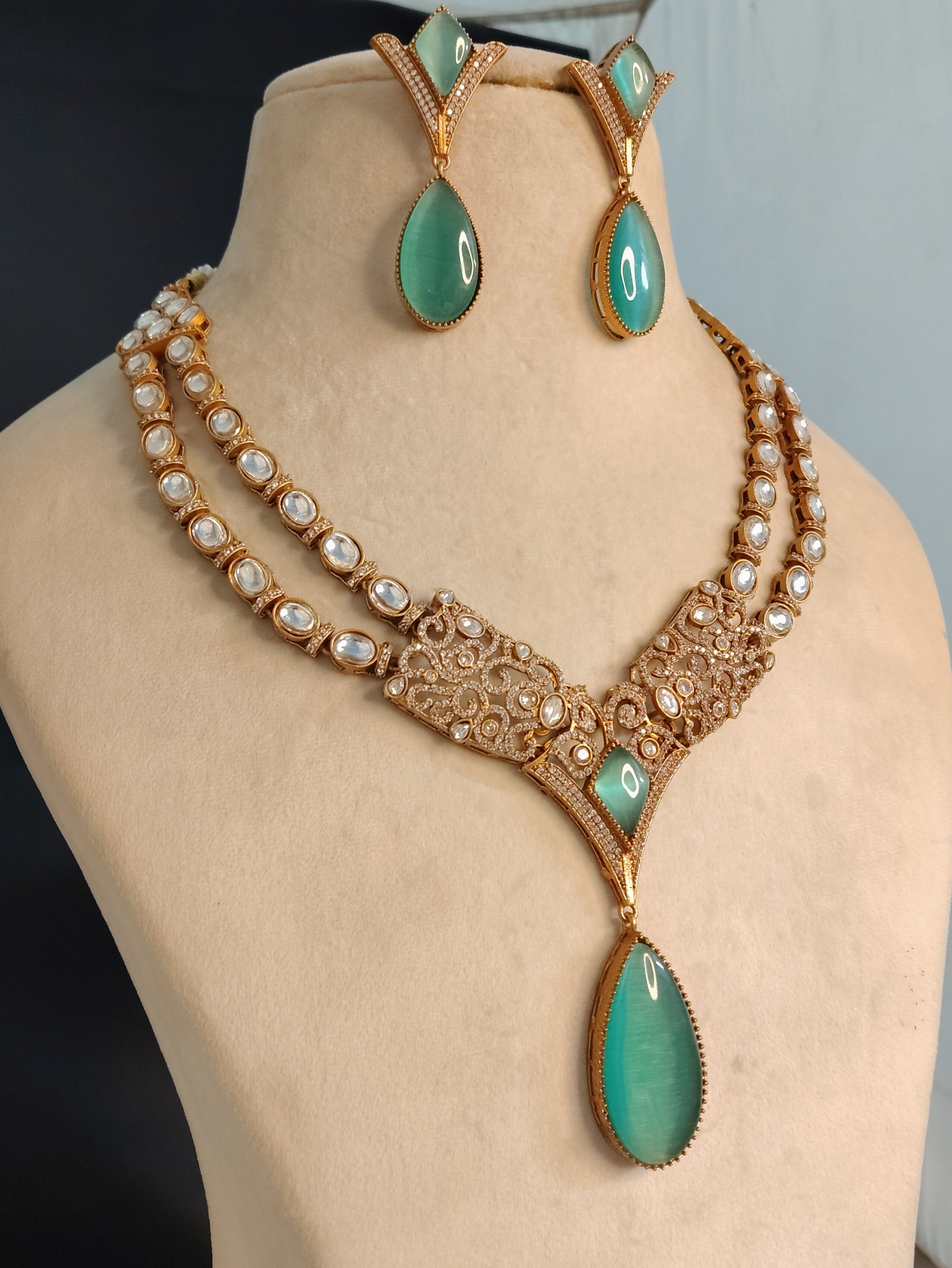 Eshal Handcrafted Mint Green Kundan Necklace with Teardrop Roz Jewellers