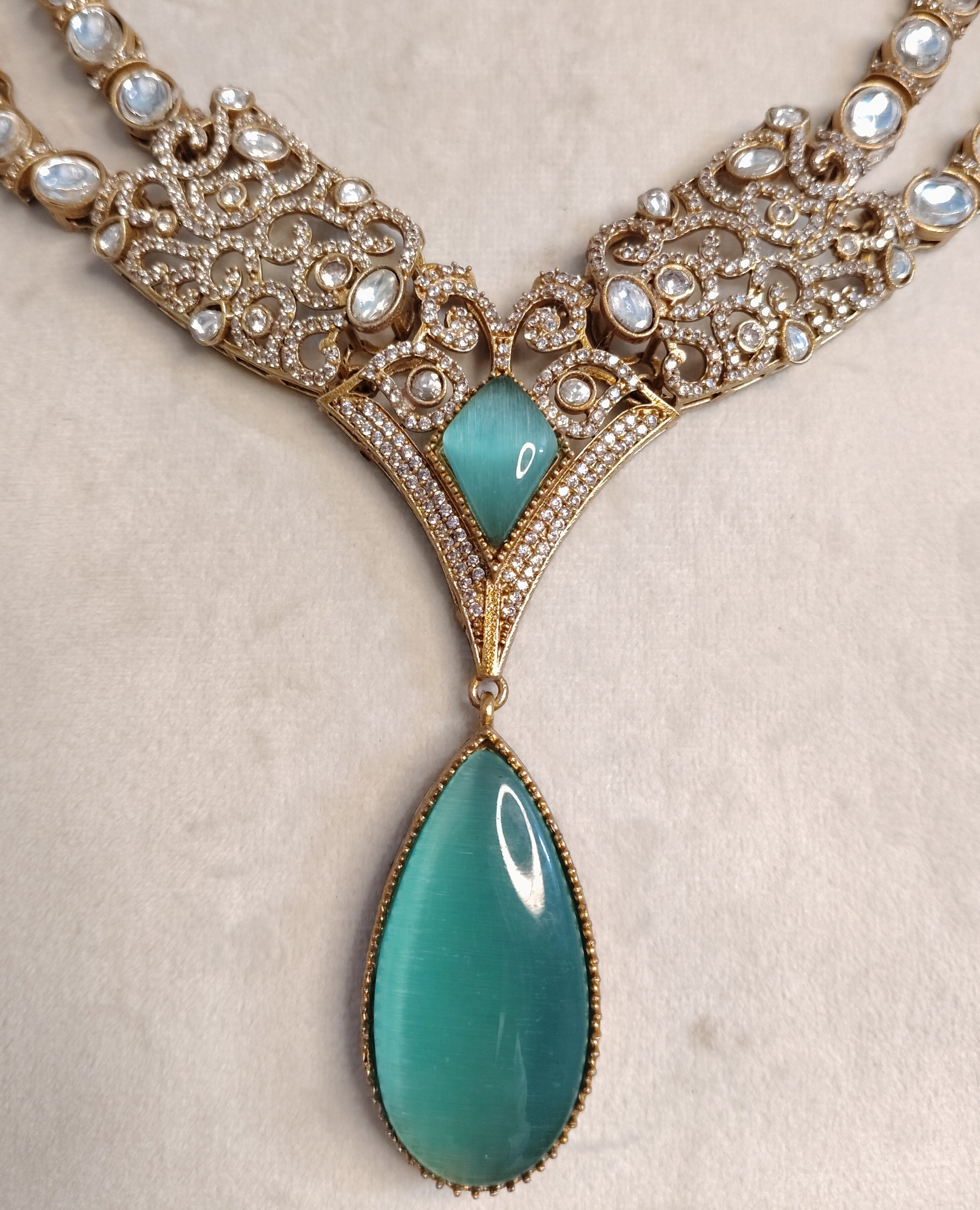 Eshal Handcrafted Mint Green Kundan Necklace with Teardrop Roz Jewellers