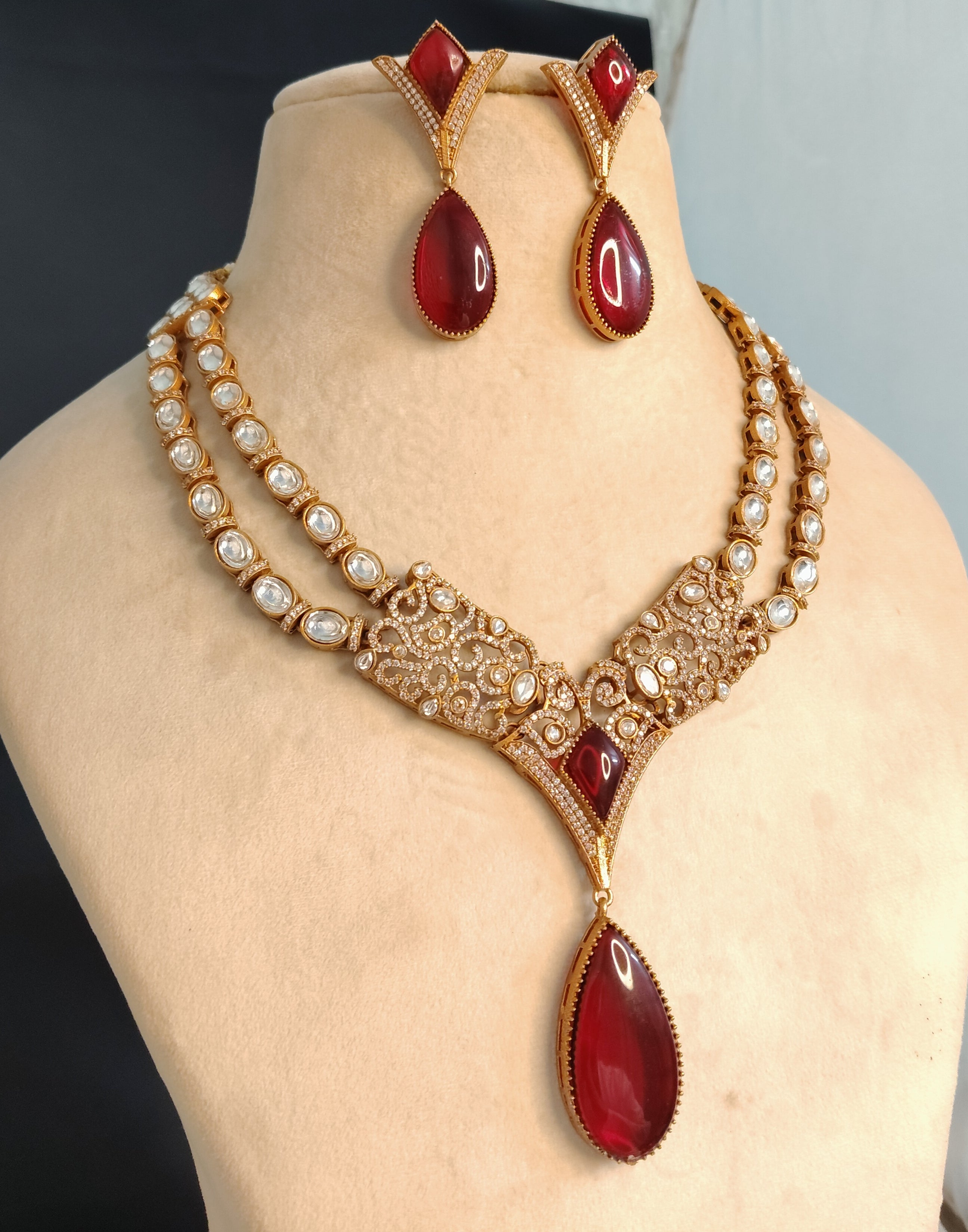 Ayra Pakistani Design Ruby Red Kundan Necklace with Teardrop Roz Jewellers.