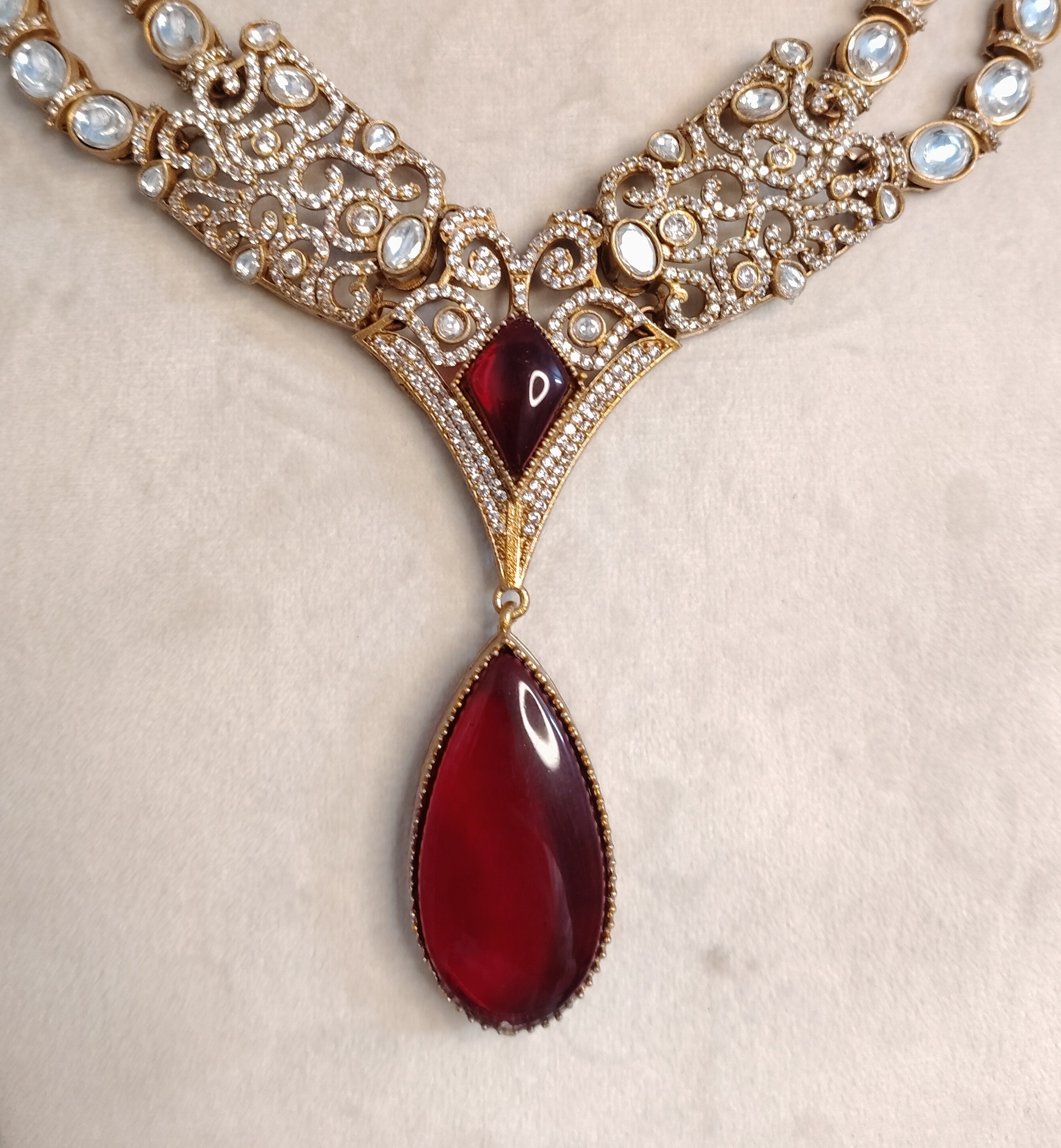 Ayra Pakistani Design Ruby Red Kundan Necklace with Teardrop Roz Jewellers.