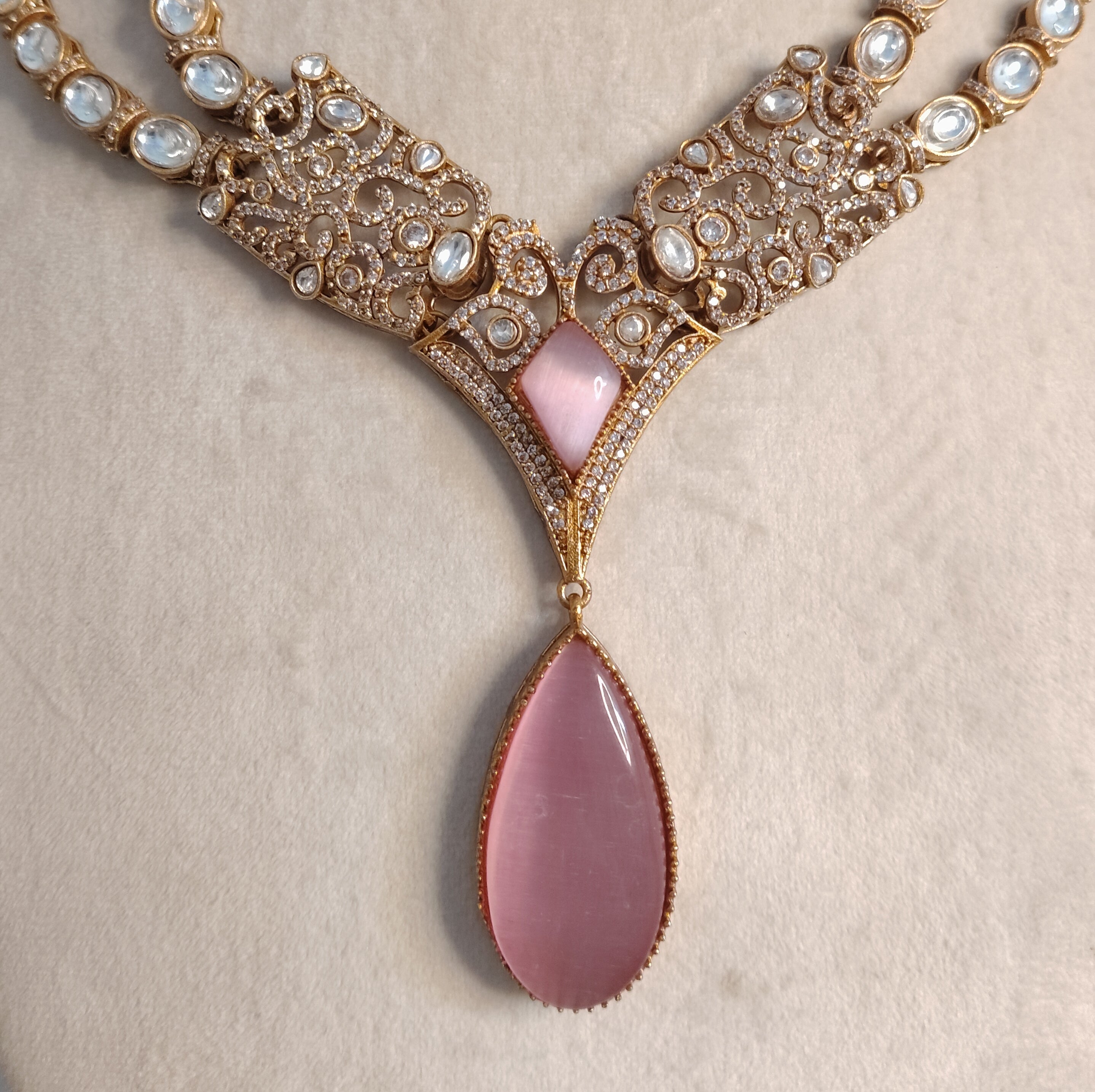 Bilqis Pakistani Handmade Blush Pink Kundan Teardrop Necklace Set Roz Jewellers.