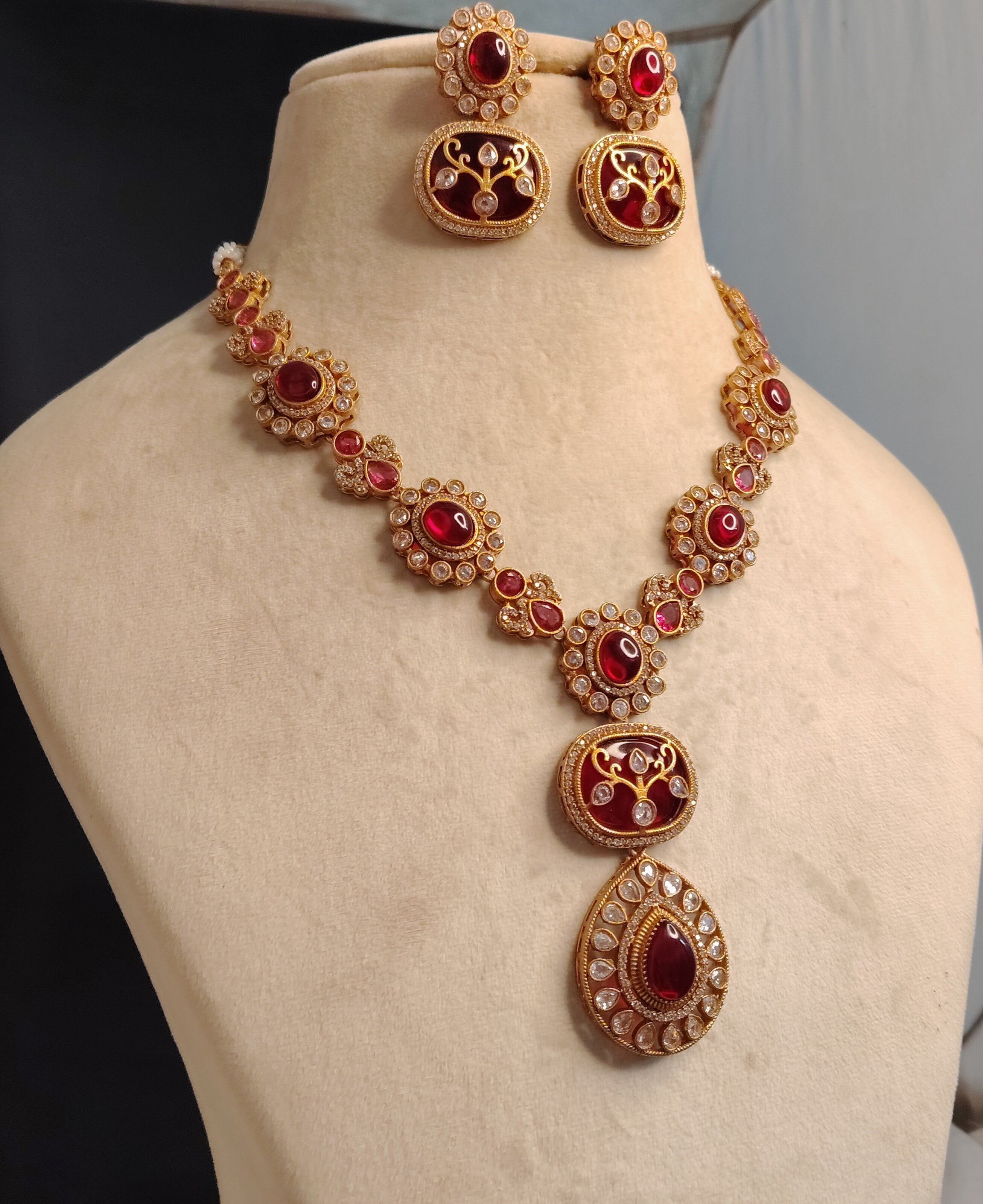 Rubaisa Pakistani Ruby Red Designer Necklace Set Roz Jewellers.