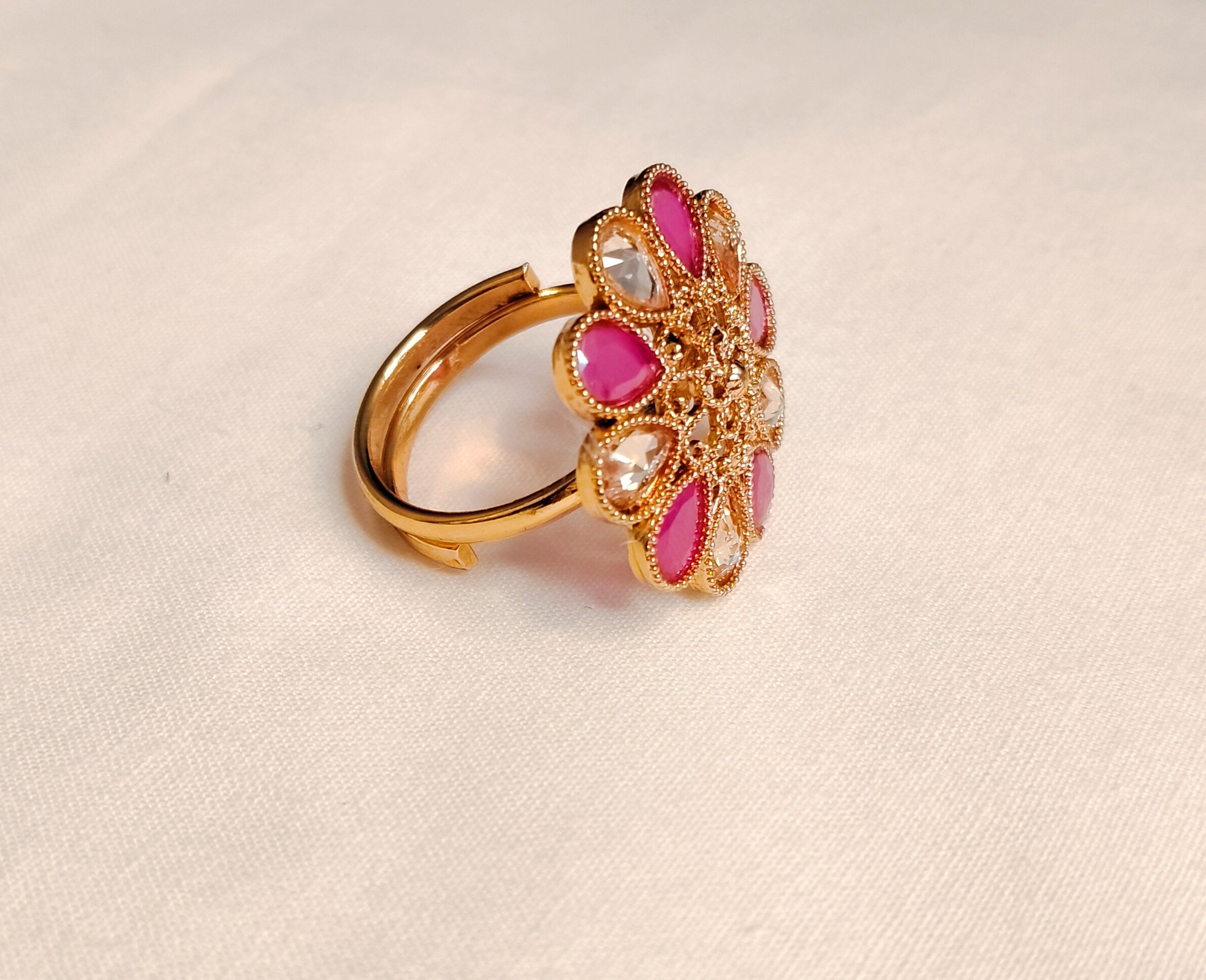 Mahnoor Ruby Pink Polki Floral Cocktail Ring Roz Jewellers