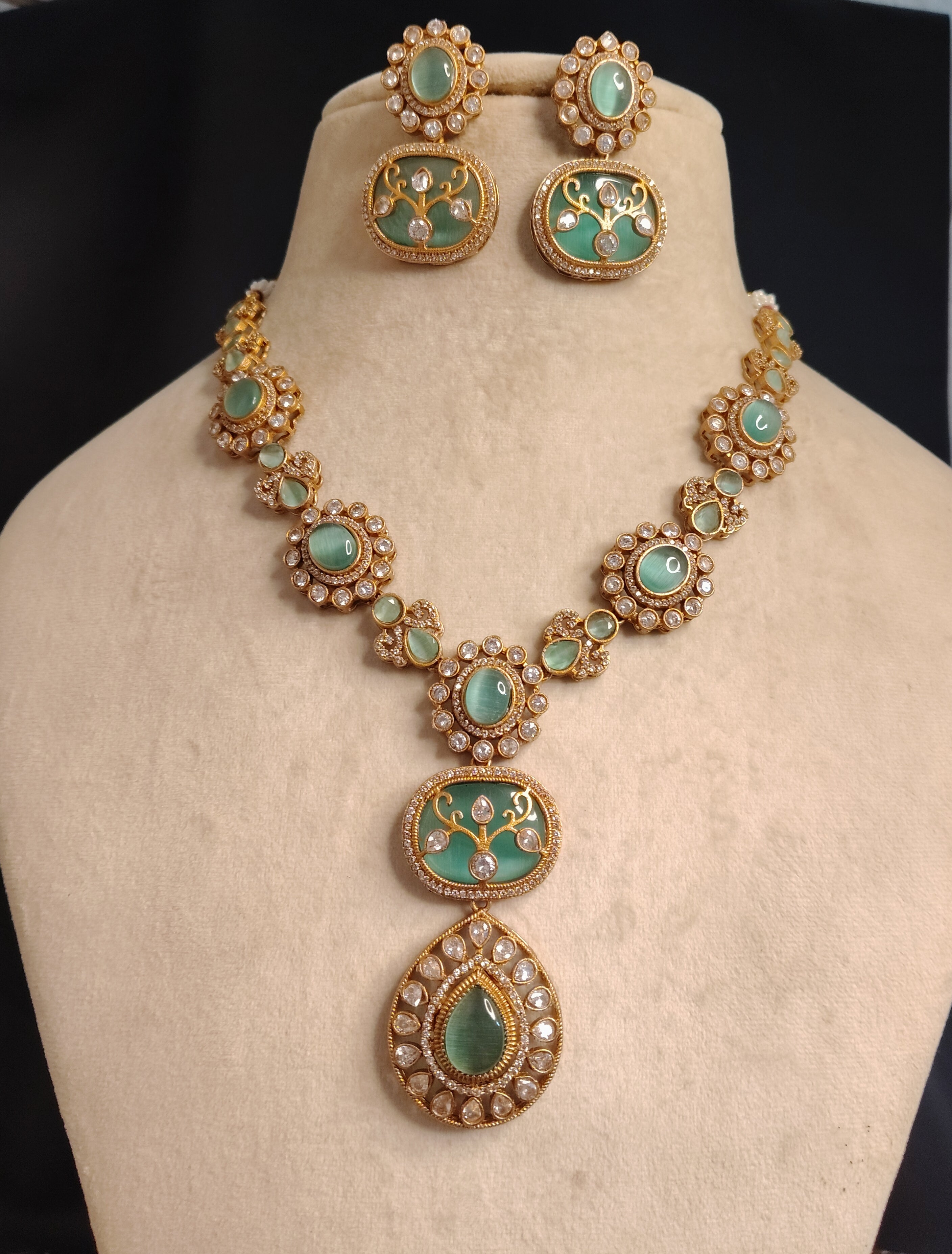 Hadiya Indian Mint Green Stone Necklace Set with Antique Gold Finish Roz Jewellers.