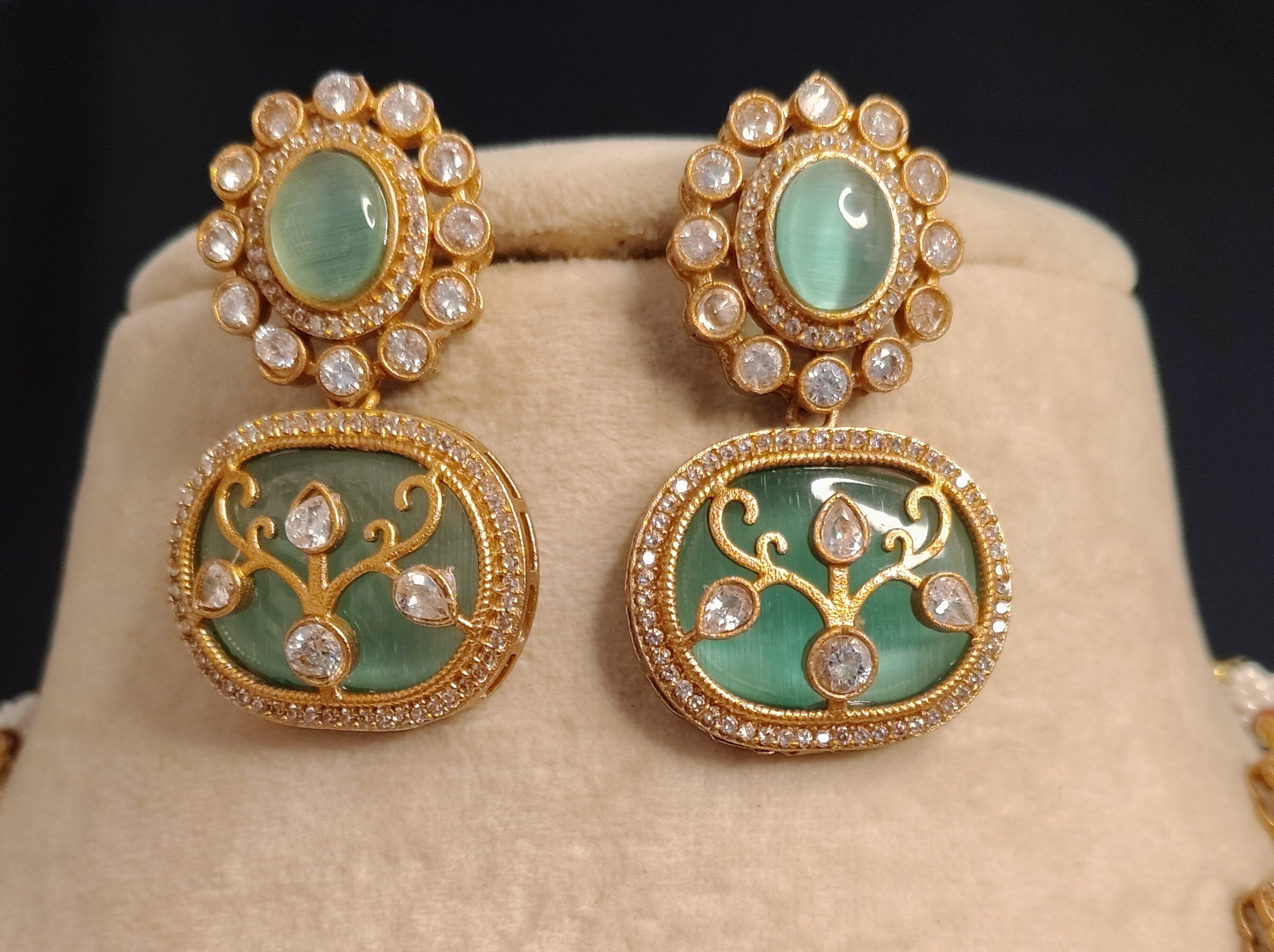 Hadiya Indian Mint Green Stone Necklace Set with Antique Gold Finish Roz Jewellers.