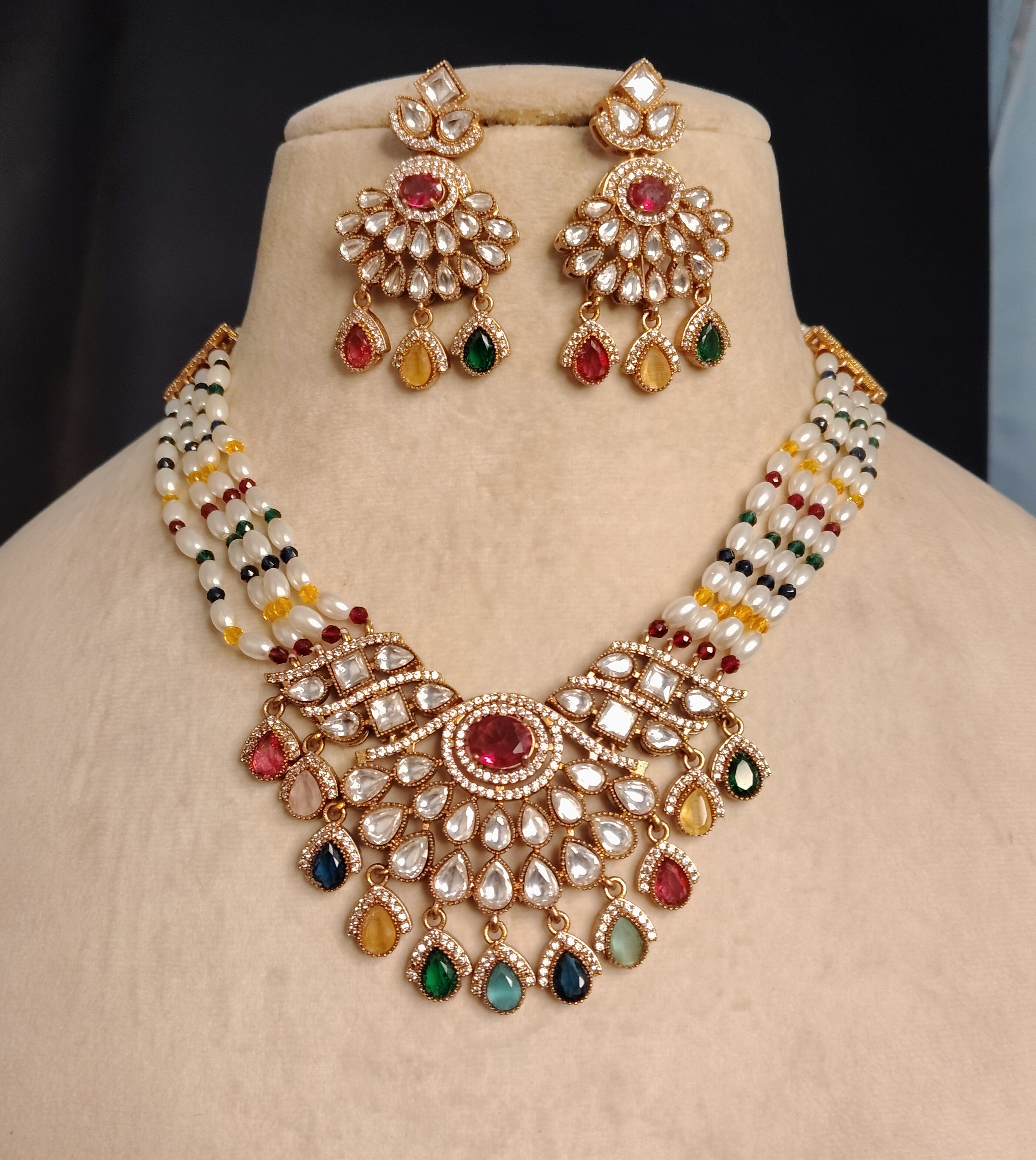 Layla Bollywood New Kundan Moissanite Stone Necklace Earrings Jewelry Party Wear Bridal Set Roz Jewellers