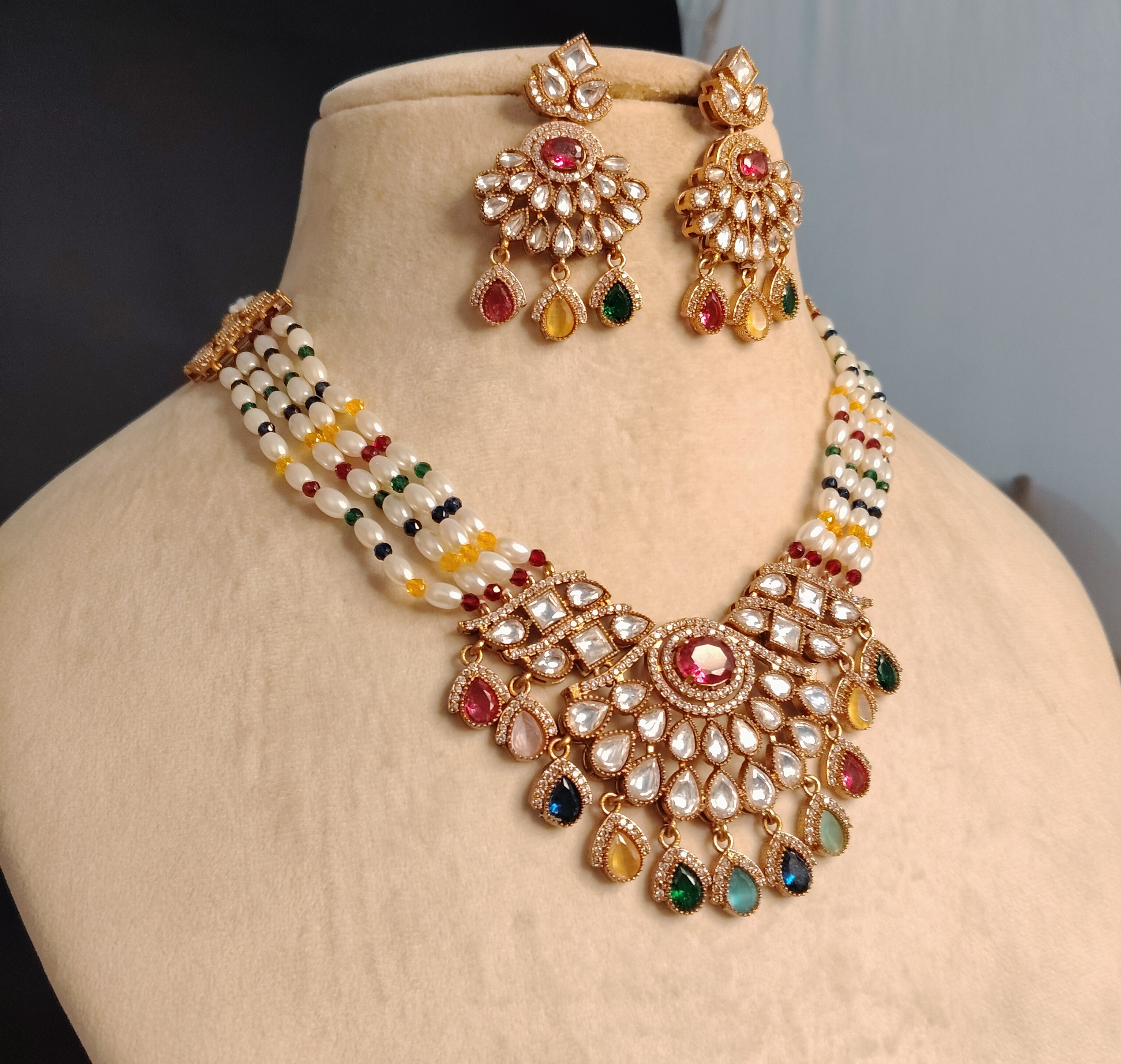 Layla Bollywood New Kundan Moissanite Stone Necklace Earrings Jewelry Party Wear Bridal Set Roz Jewellers