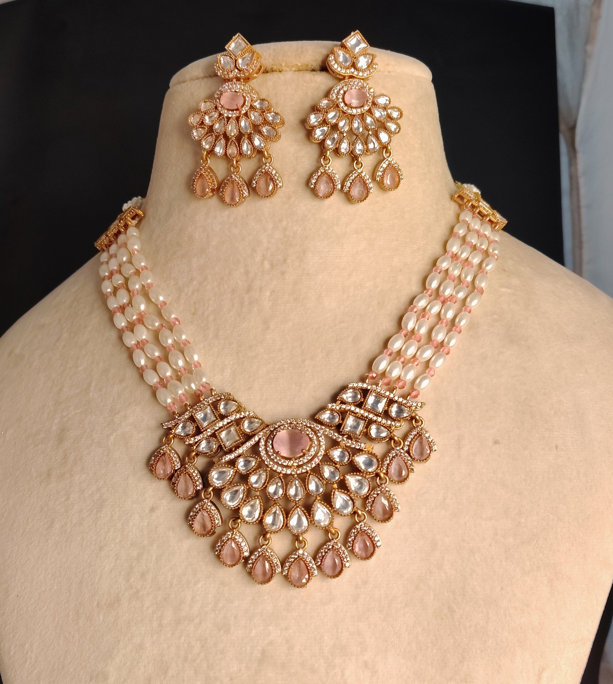 Rimsha Pakistani Bridal  Kundan Moissanite Stone Necklace Earrings Jewelry Party Wear Bridal Set Roz Jewellers