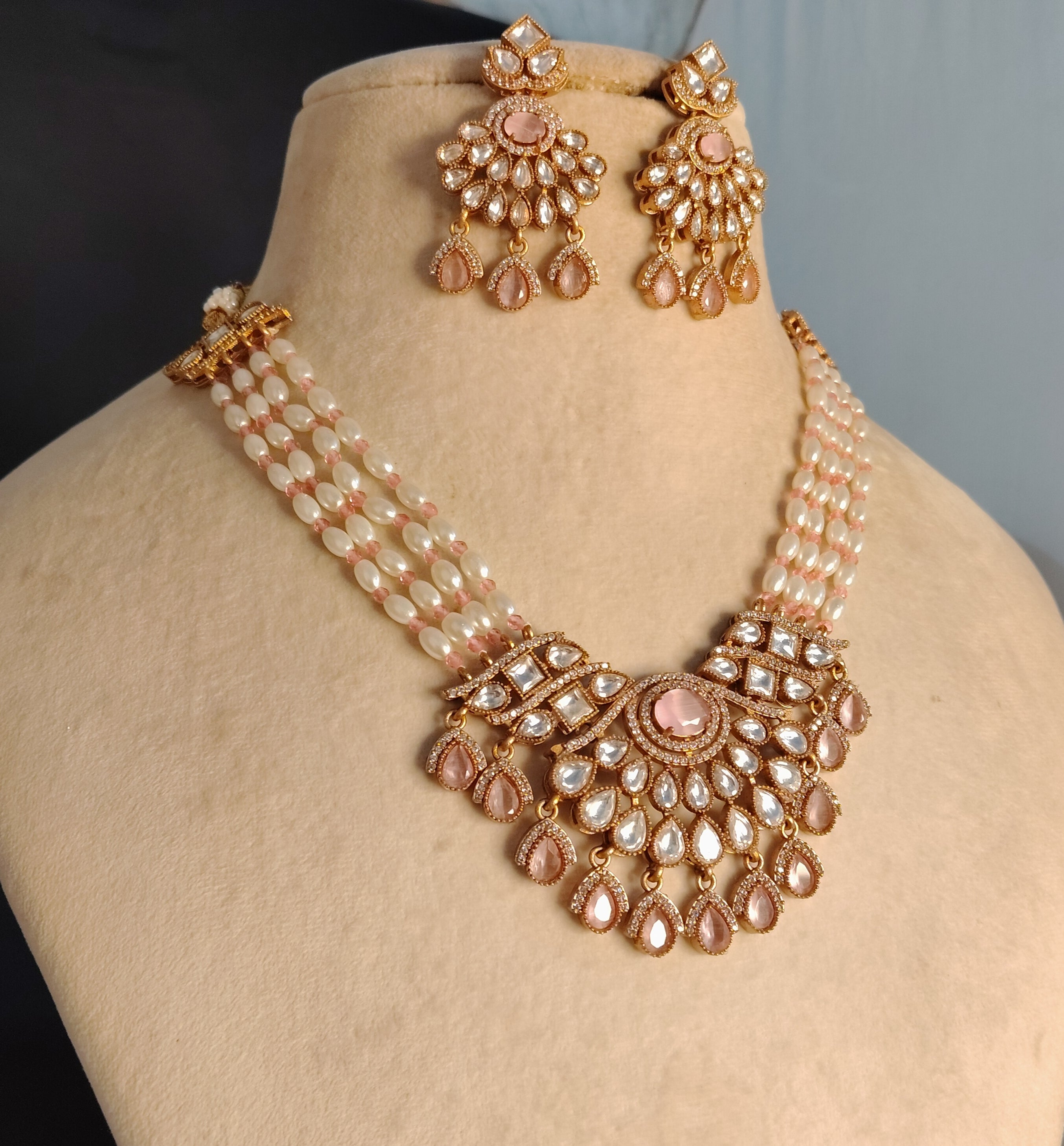 Rimsha Pakistani Bridal  Kundan Moissanite Stone Necklace Earrings Jewelry Party Wear Bridal Set Roz Jewellers