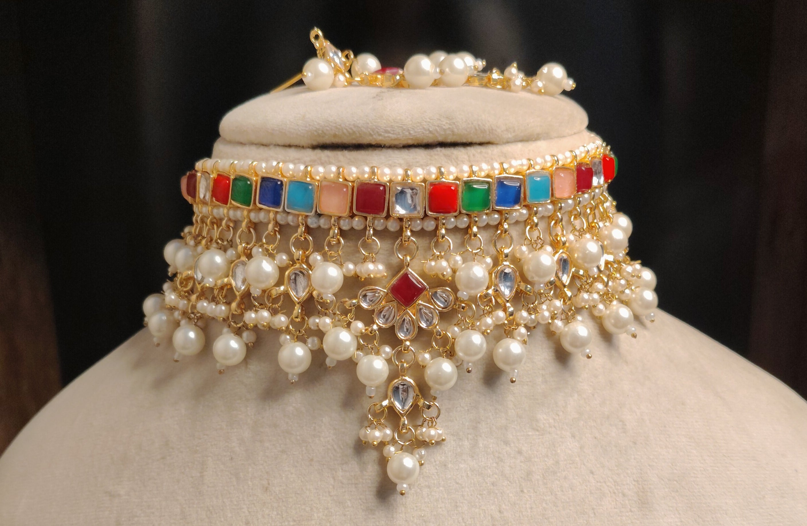 Muneza Multicolour Kundan Pearl Bridal Choker Necklace Set Roz Jewellers.