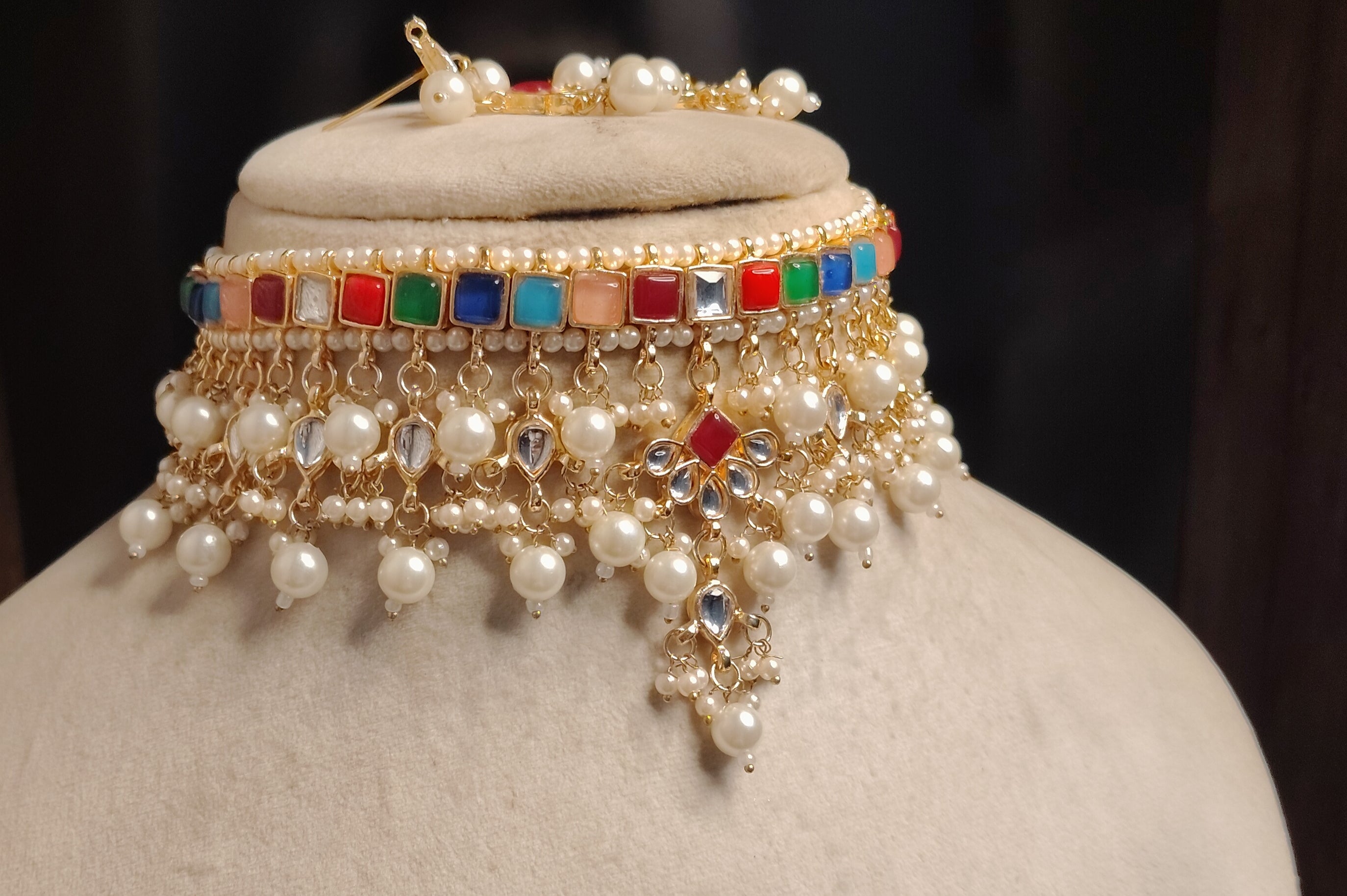 Muneza Multicolour Kundan Pearl Bridal Choker Necklace Set Roz Jewellers.