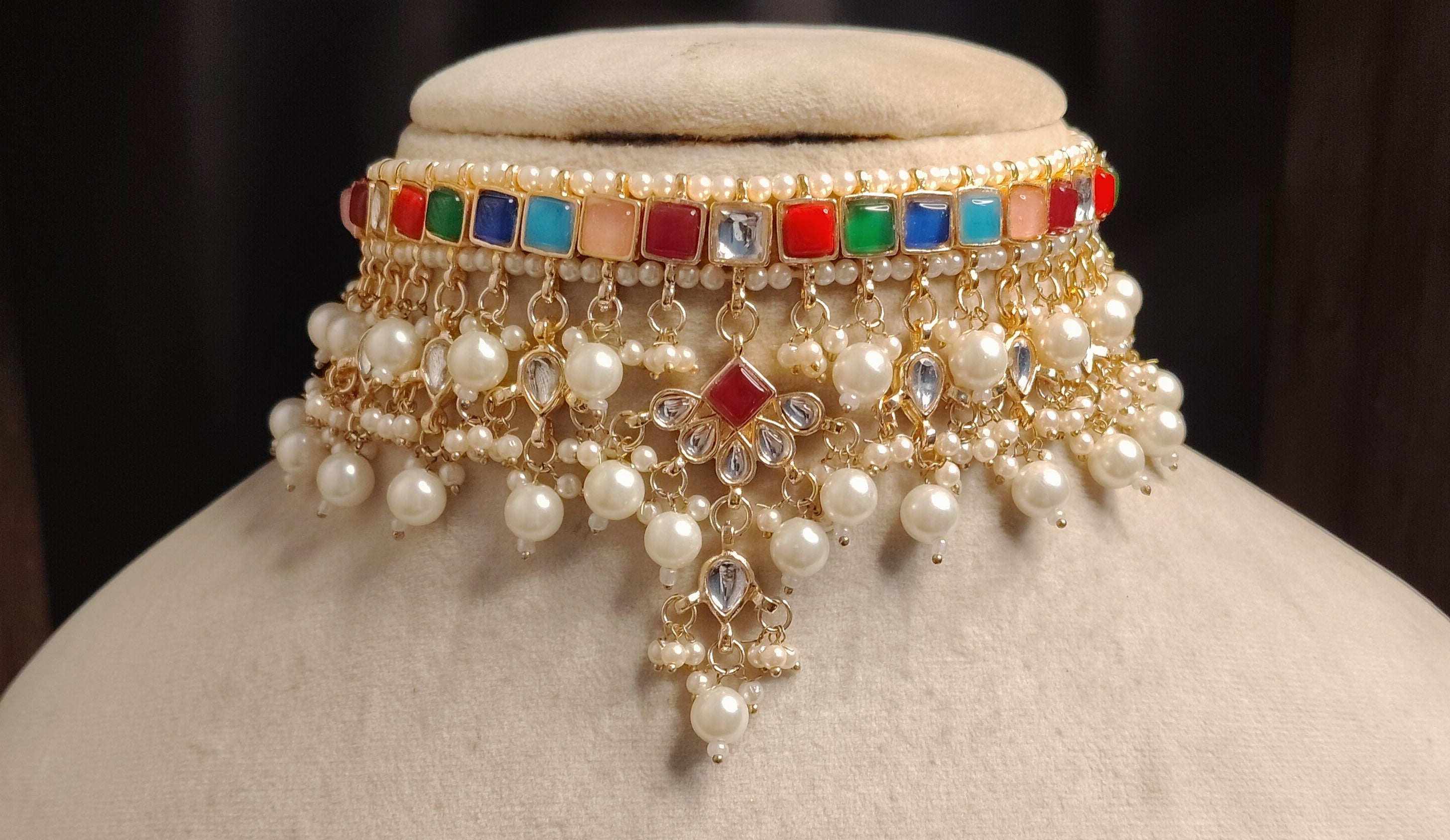 Muneza Multicolour Kundan Pearl Bridal Choker Necklace Set Roz Jewellers.