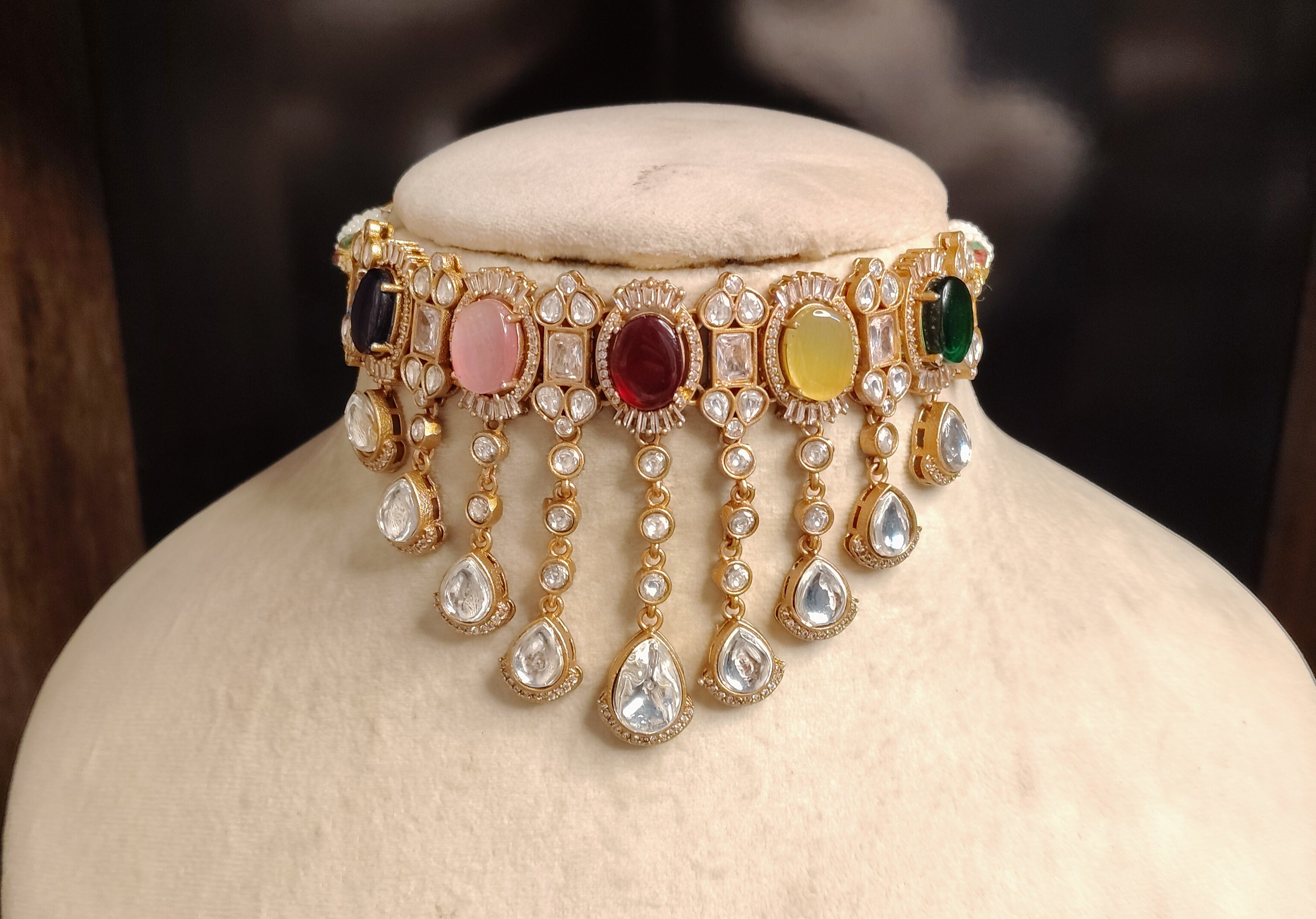 Areej Multicolor Kundan Choker with Teardrop Dangling Stones Roz Jewellers.