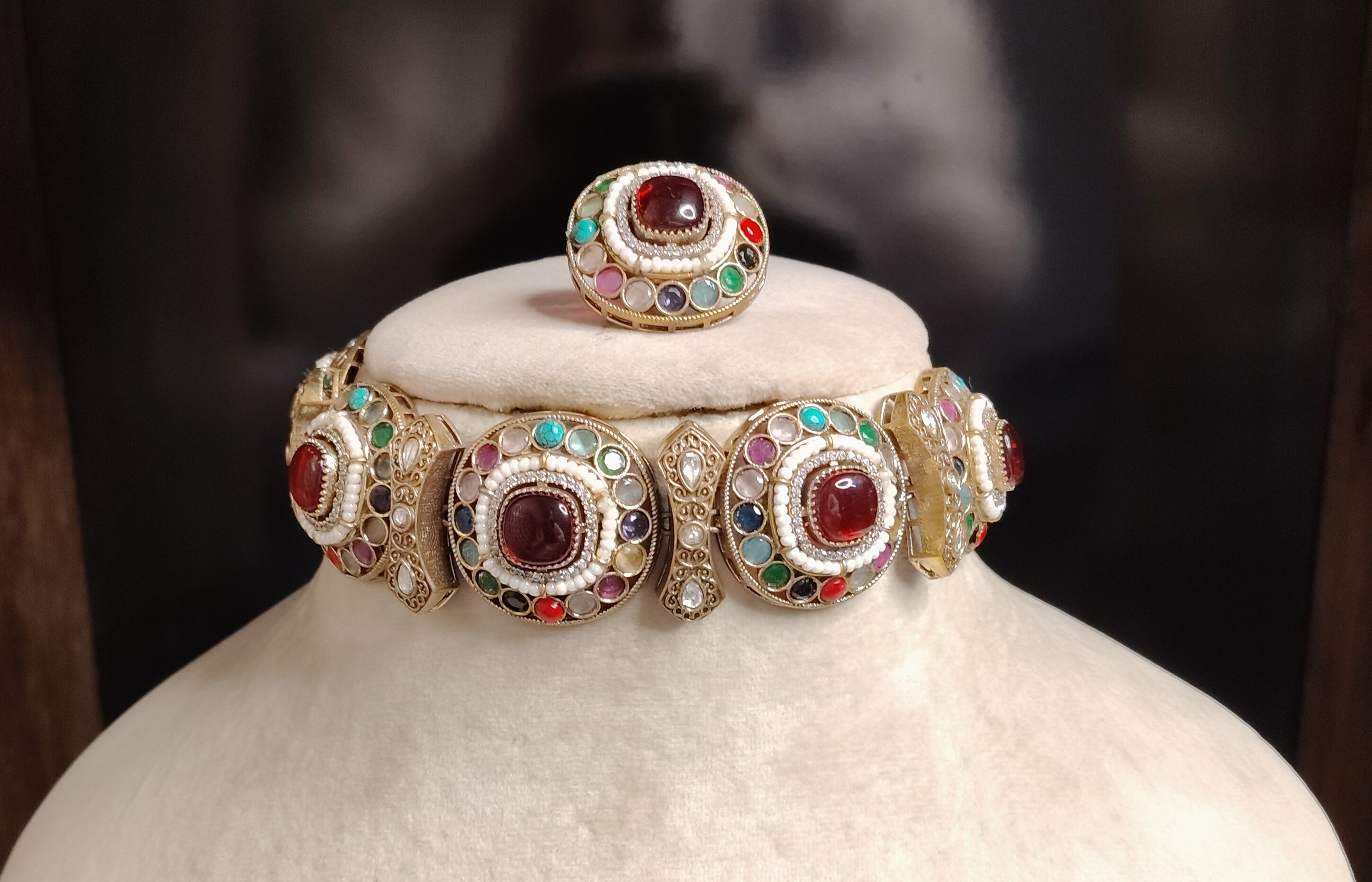 Mishal Reception Jewellery Ruby Red Statement Kundan Choker Set Roz Jewellers.