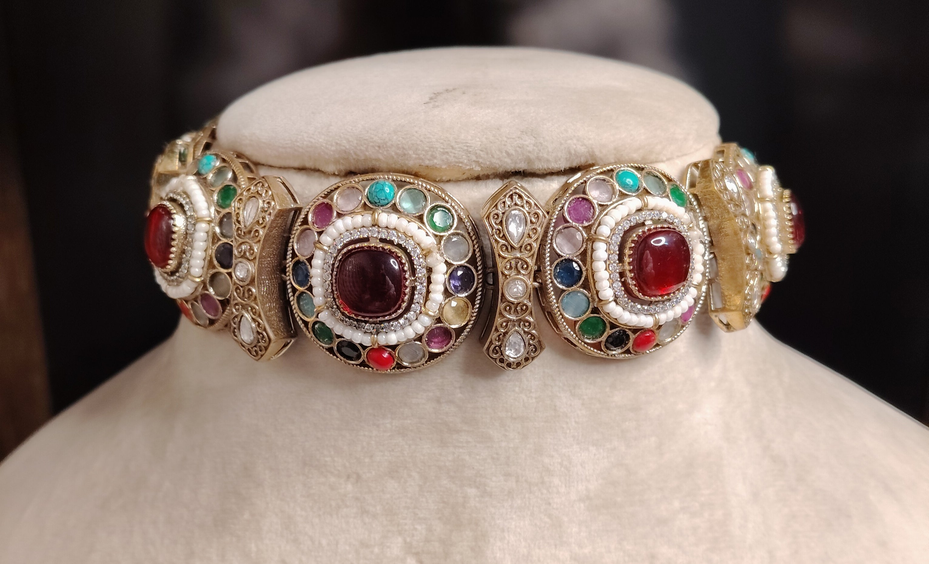 Mishal Reception Jewellery Ruby Red Statement Kundan Choker Set Roz Jewellers.