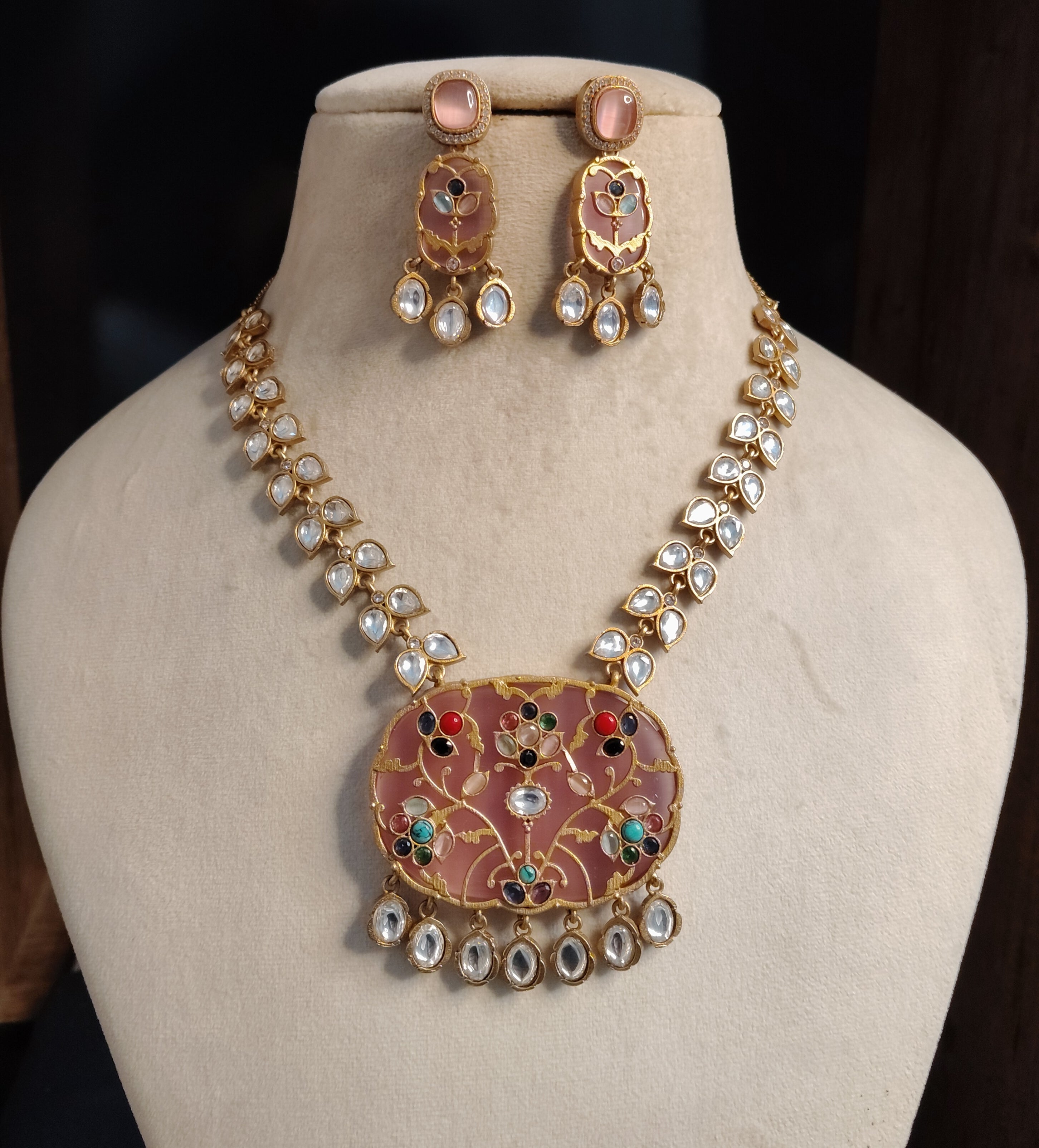 Mahveen Blush Pink Floral Kundan Inlay Necklace Set Roz Jewellers.