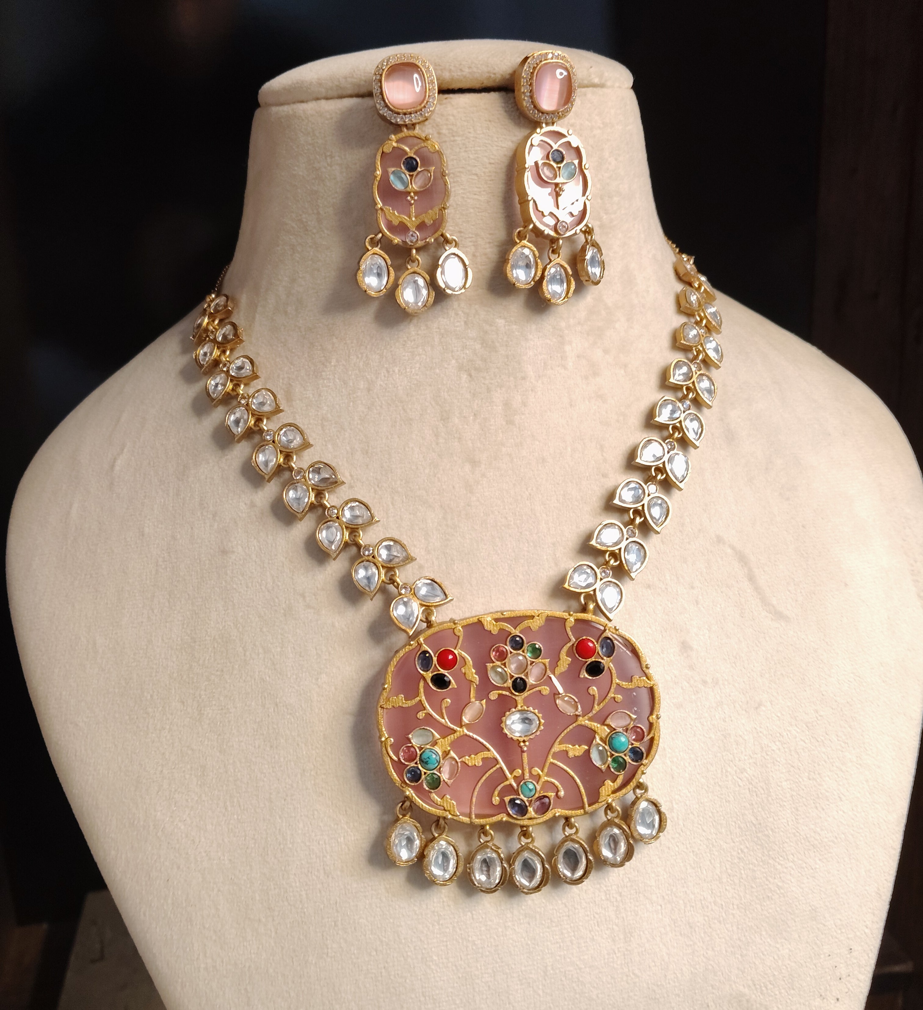 Mahveen Blush Pink Floral Kundan Inlay Necklace Set Roz Jewellers.
