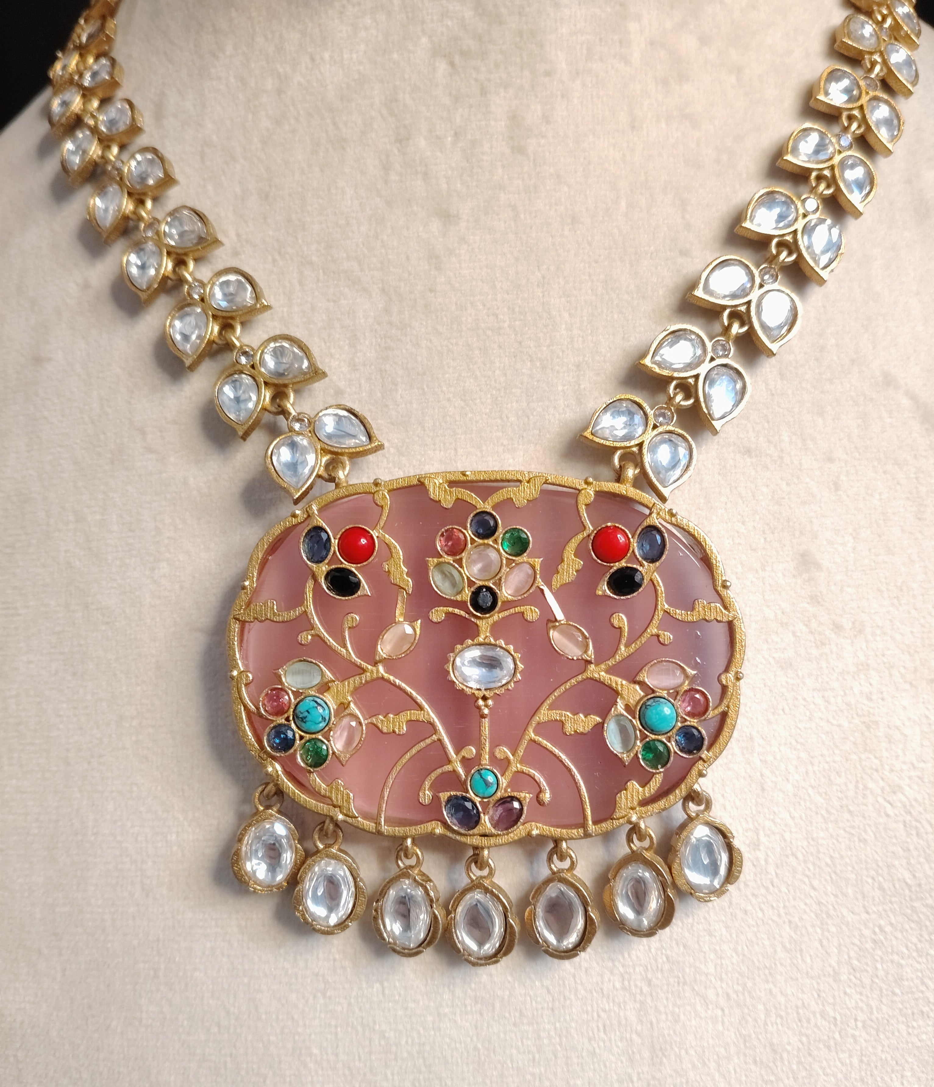Mahveen Blush Pink Floral Kundan Inlay Necklace Set Roz Jewellers.