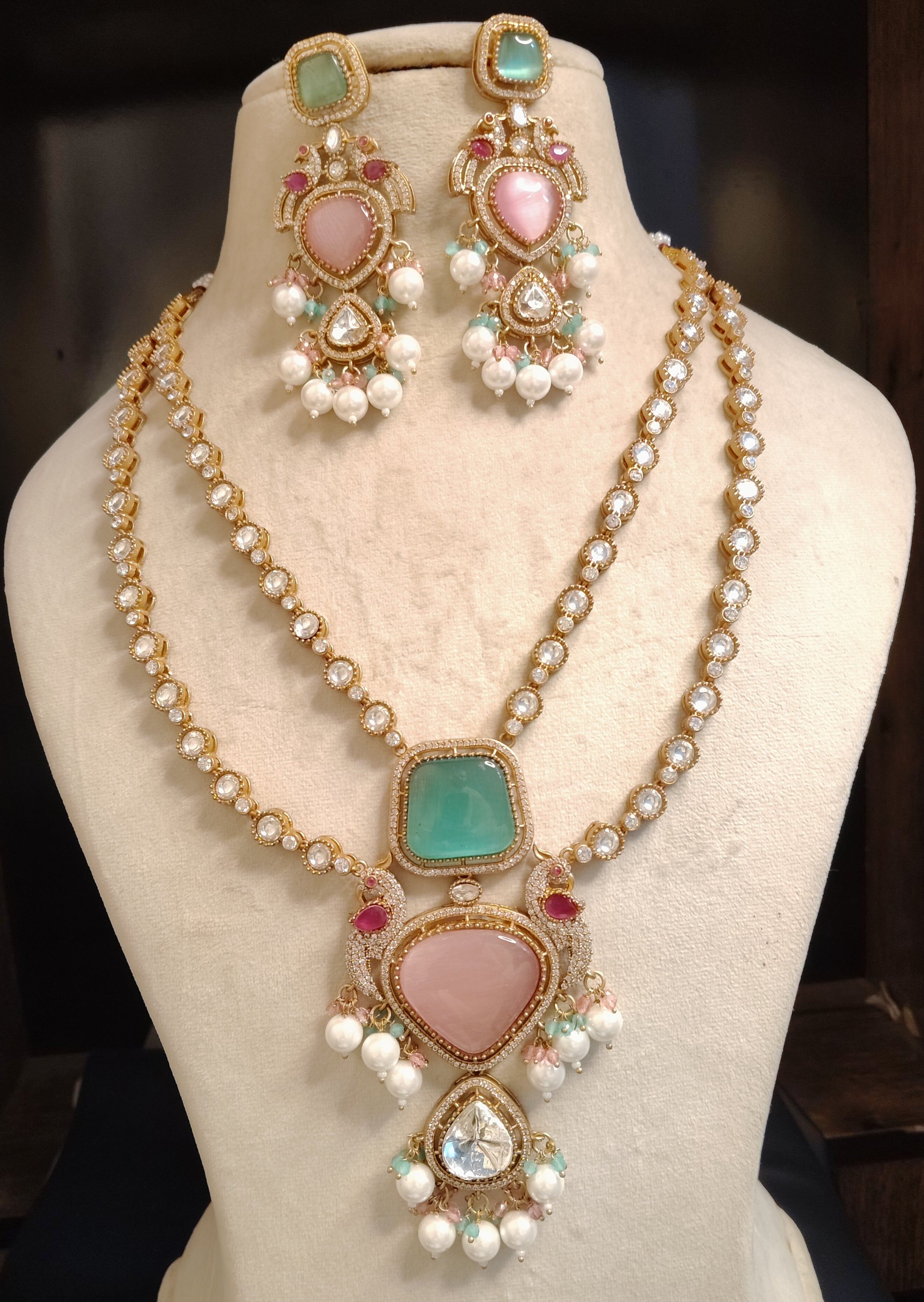 Tasneem Pastel Pink Mint Green Kundan Necklace with Pearl Drops Roz Jewellers.