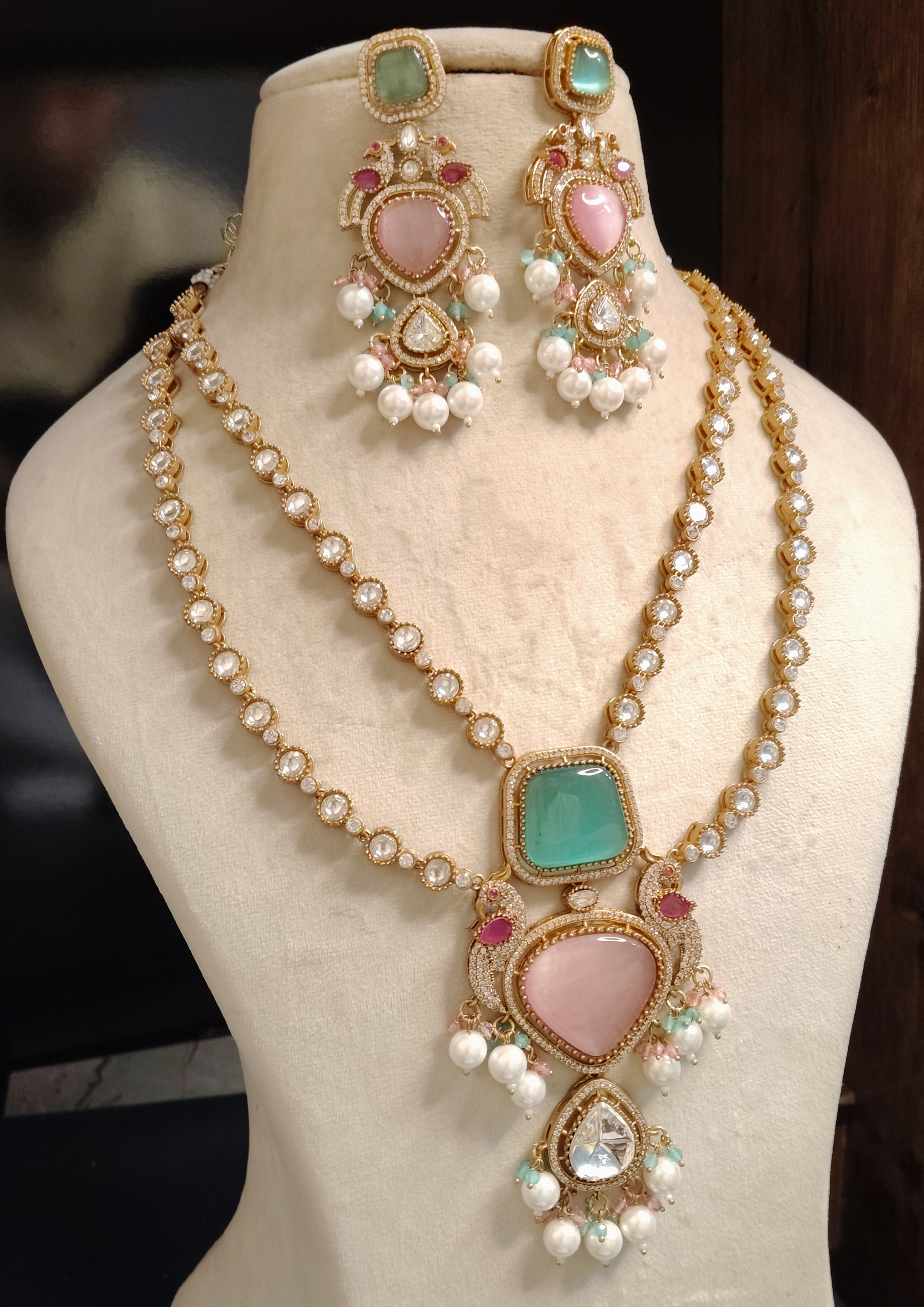 Tasneem Pastel Pink Mint Green Kundan Necklace with Pearl Drops Roz Jewellers.
