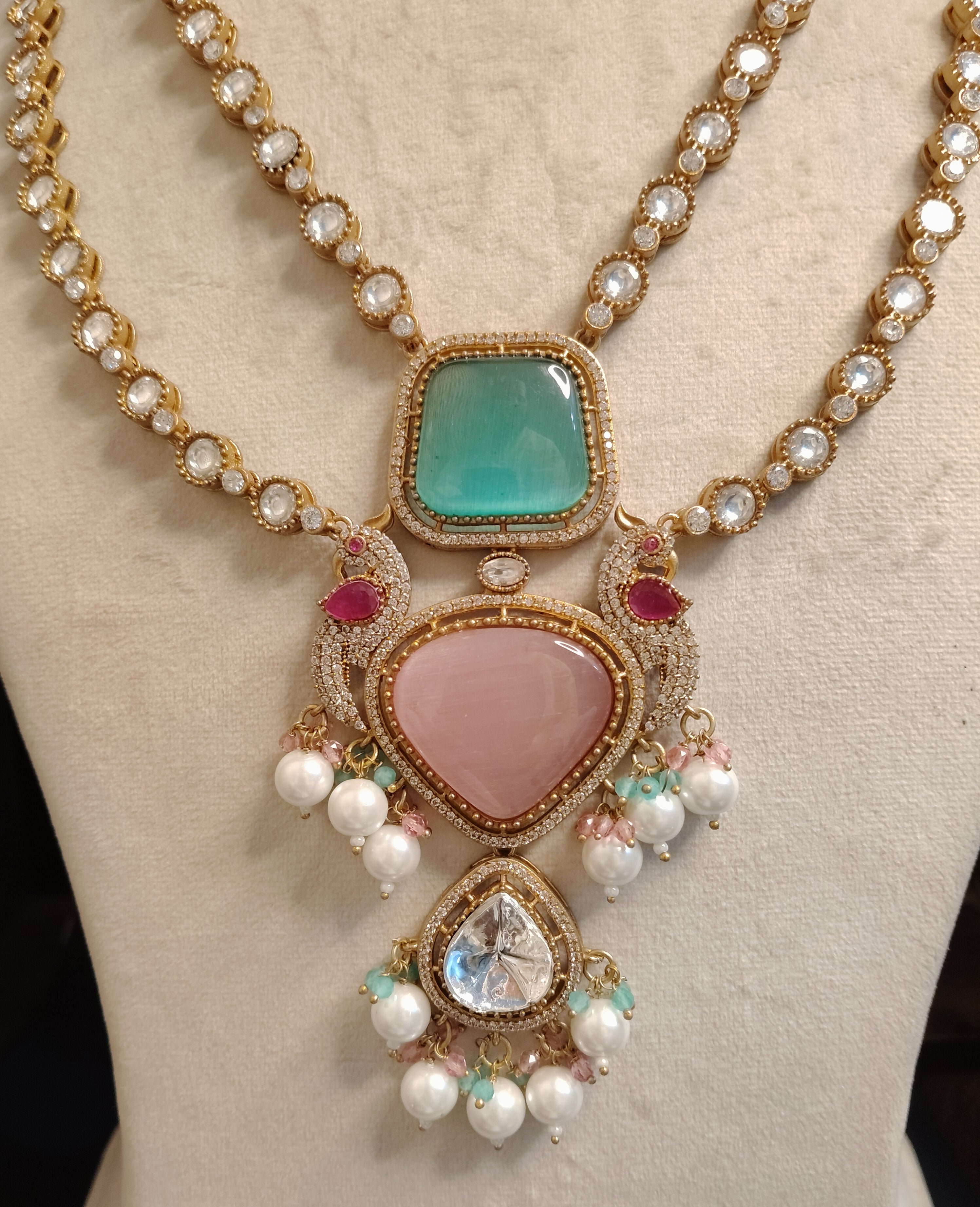 Tasneem Pastel Pink Mint Green Kundan Necklace with Pearl Drops Roz Jewellers.