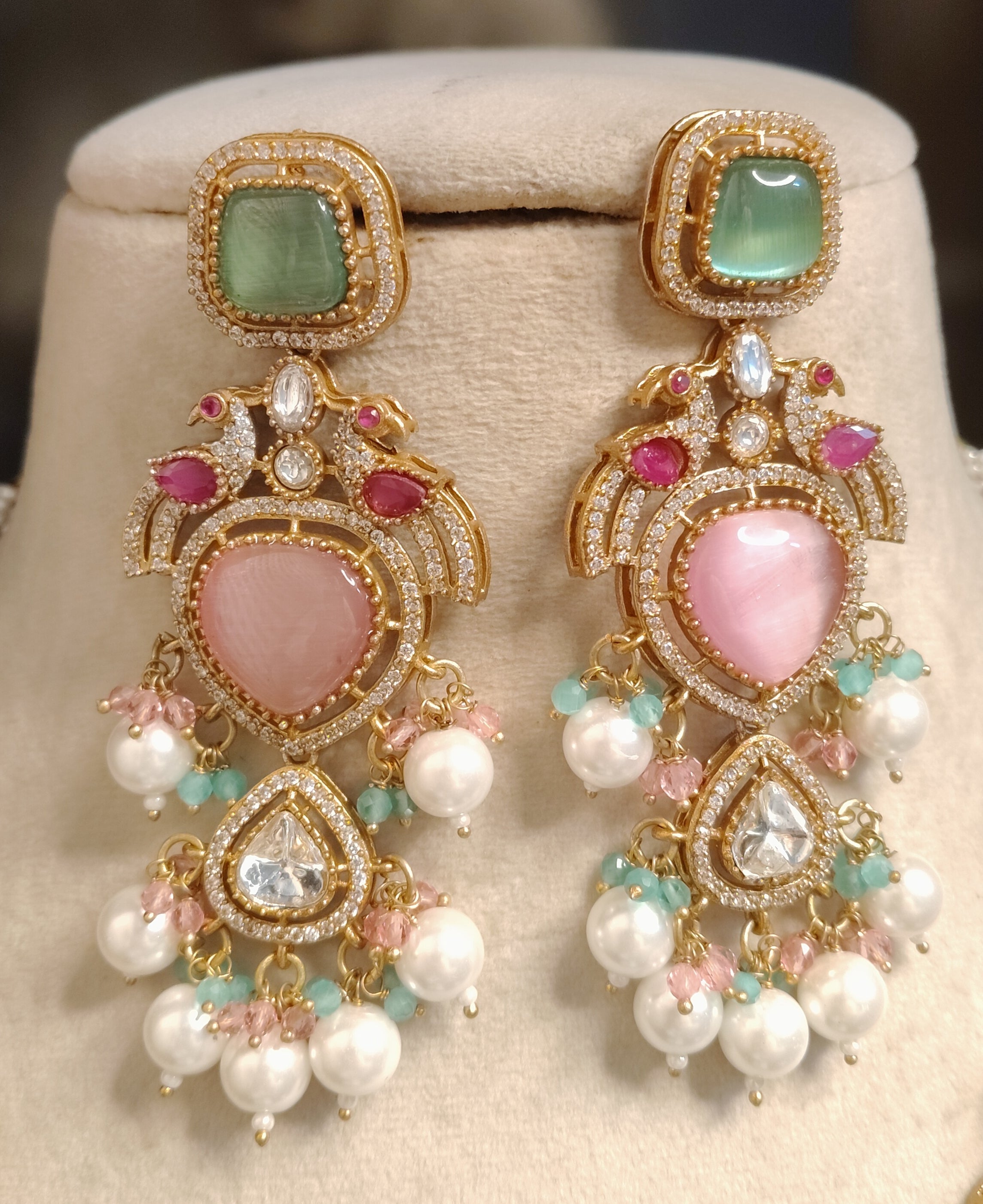 Tasneem Pastel Pink Mint Green Kundan Necklace with Pearl Drops Roz Jewellers.